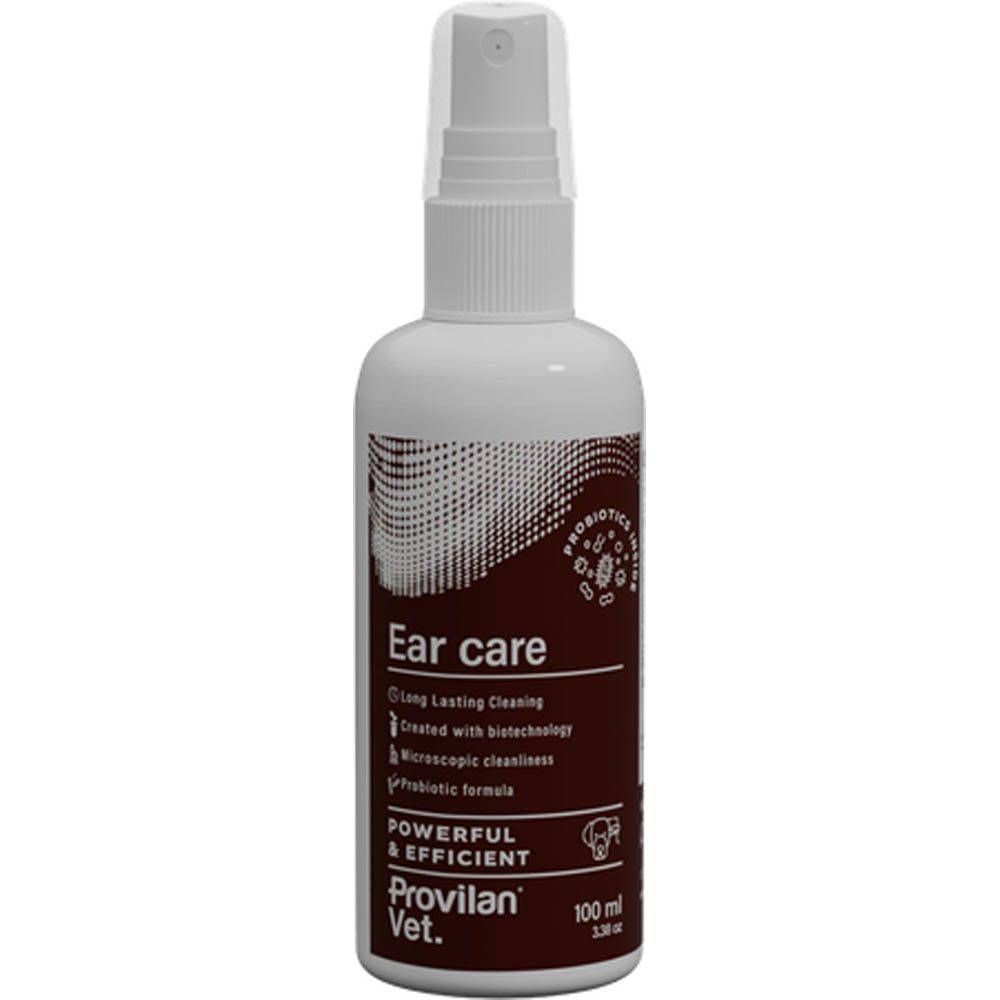 Flacon pulvérisateur blanc avec étiquette marron pour le soin des oreilles, 100 ml.