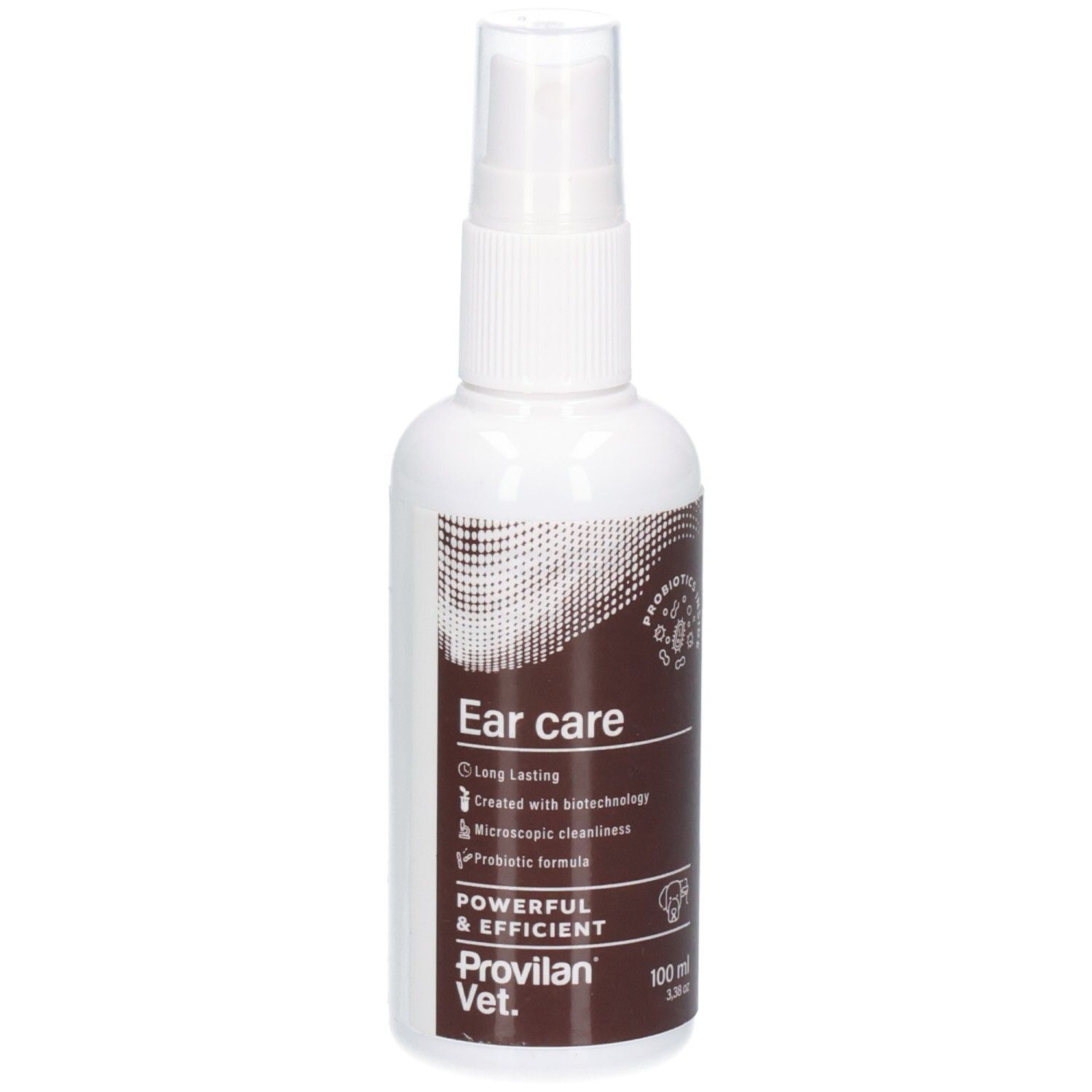 Weiße Sprühflasche mit braunem Etikett für Ohrenpflege. Enthält 100 ml.