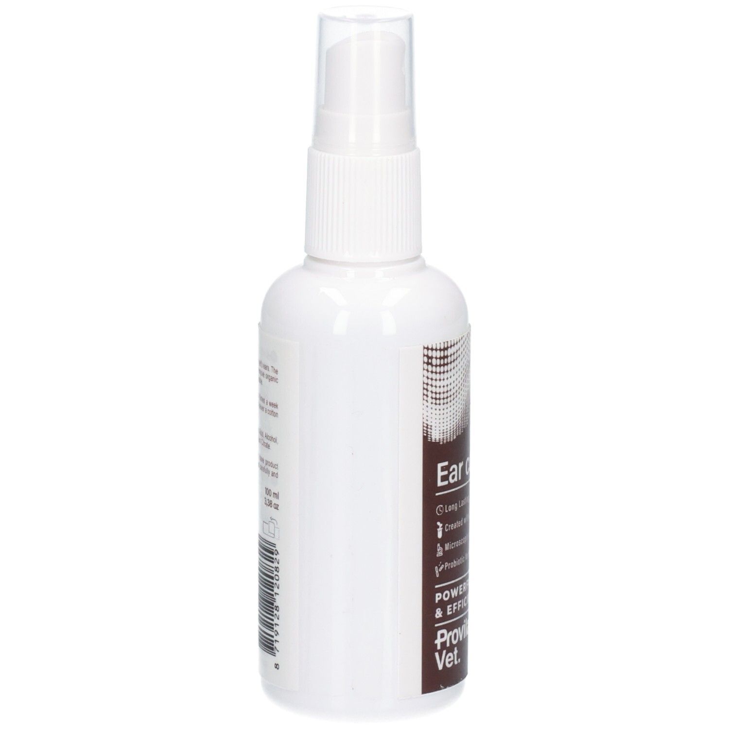 Seitenansicht einer weißen Sprühflasche mit braunem Etikett für Ohrenpflege.