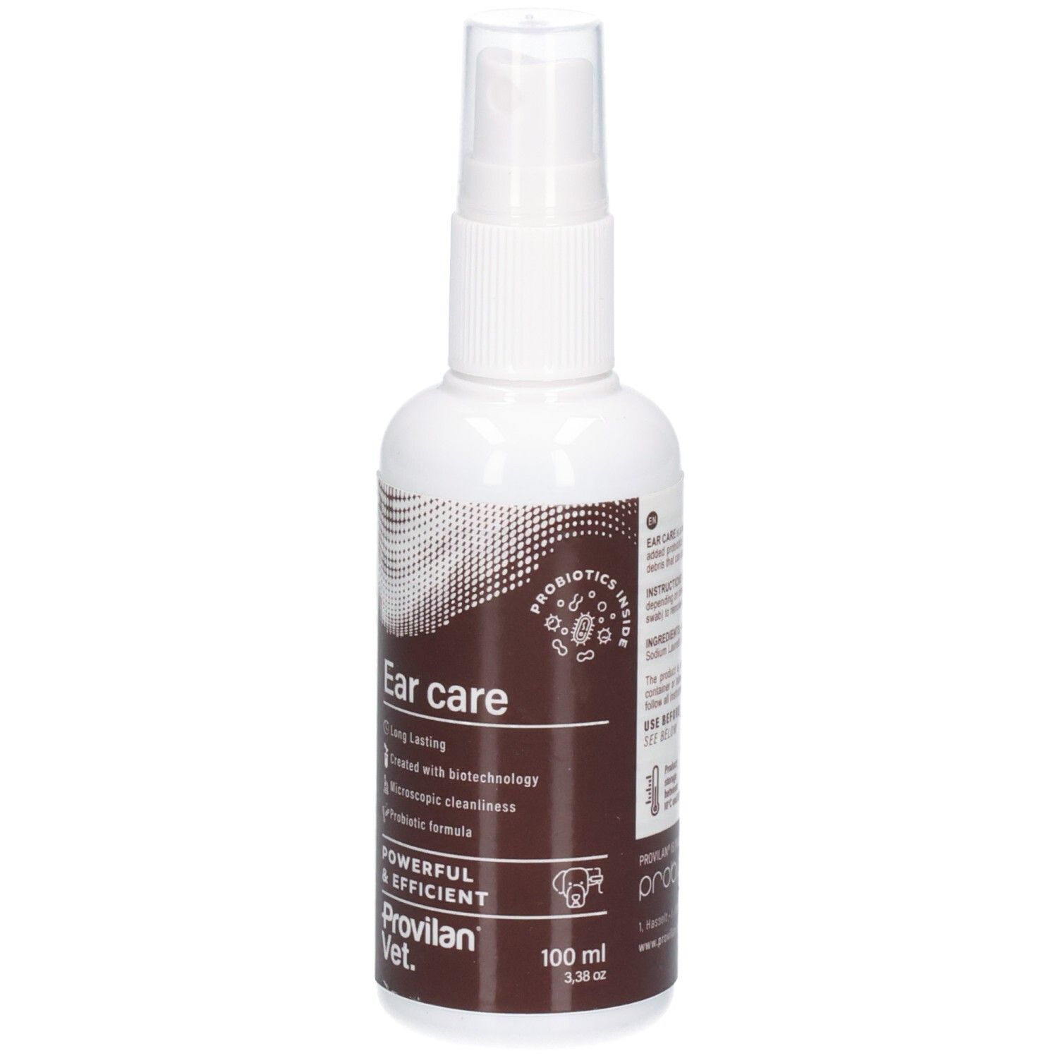 Vorderseite einer weißen Sprühflasche mit braunem Etikett, zeigt 'Ear care' und 'Probiotics inside'.