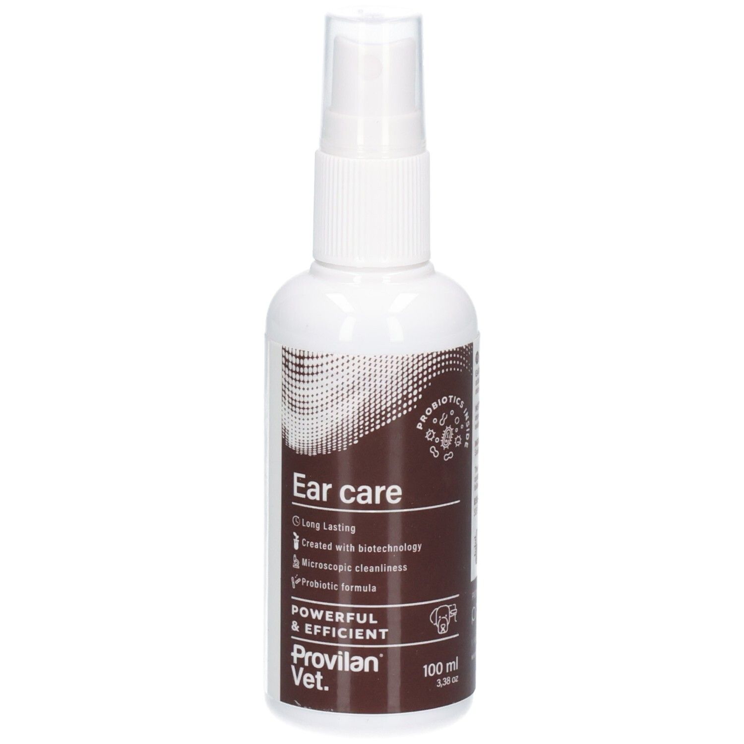 Vorderseite einer weißen Sprühflasche mit braunem Etikett, zeigt 'Ear care' und 'Probiotics inside'.