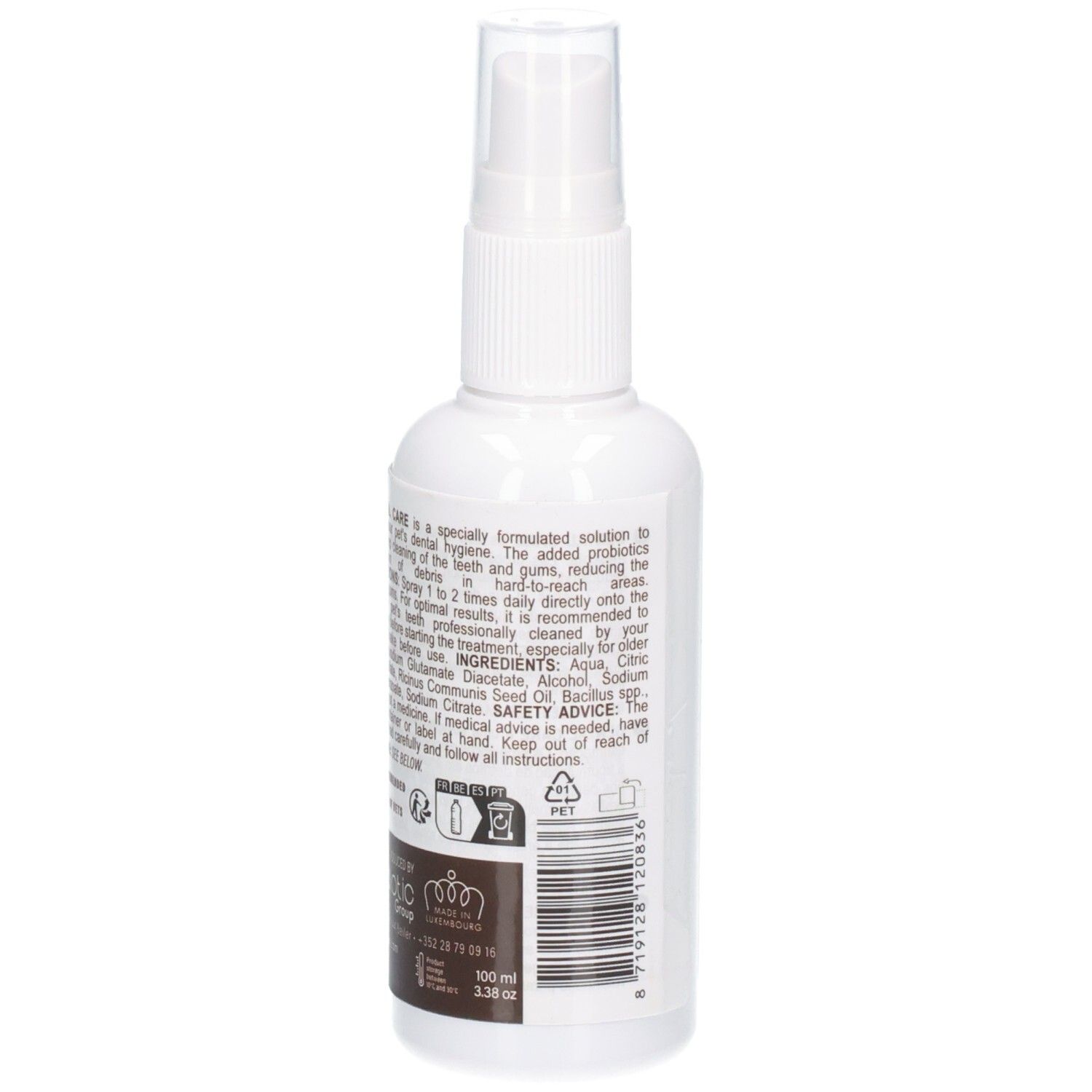 Weiße Sprühflasche mit weißem Sprühkopf. Etikett mit braunen und weißen grafischen Elementen und Text.