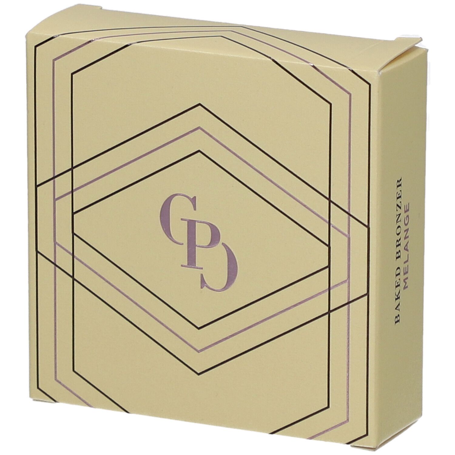 Beige Kartonverpackung mit geometrischem Muster und CP-Logo. Aufschrift: Baked Bronzer Mélange.