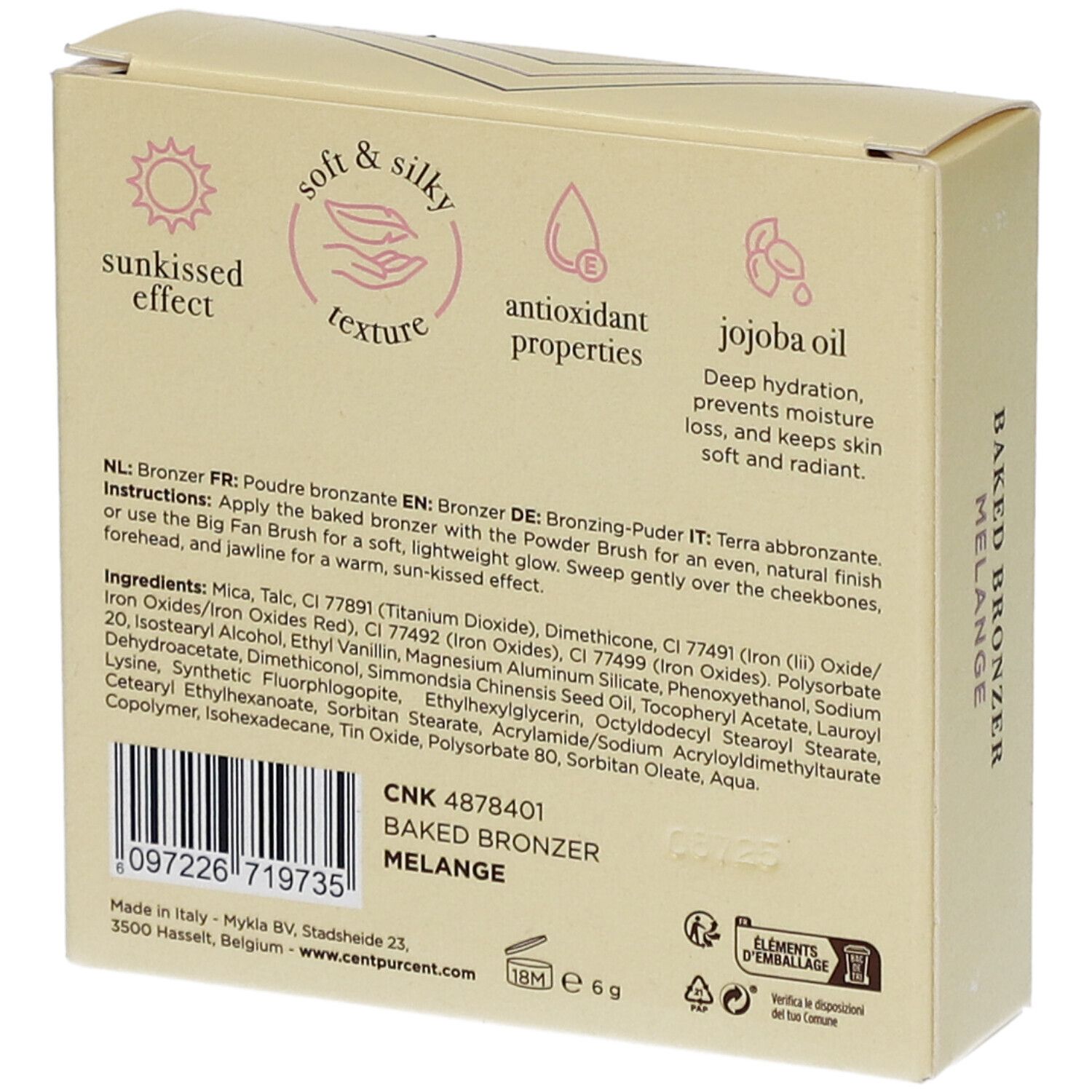 Rückseite der Kartonverpackung. Text: Inhaltsstoffe, Anwendungshinweise, Chargennummer, Logo.