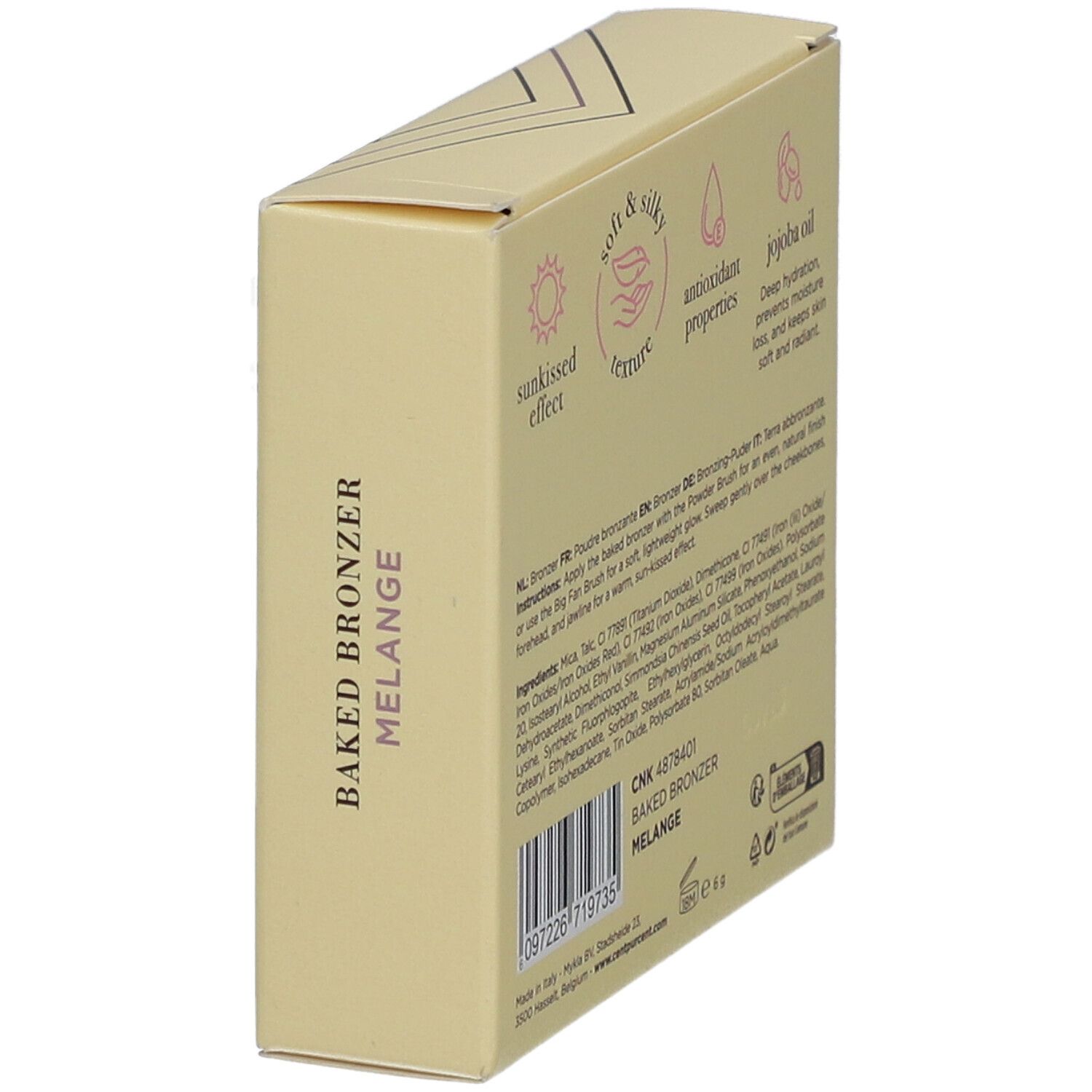 Kartonverpackung mit geometrischem Muster und CP-Logo. Aufschrift: Baked Bronzer Mélange.