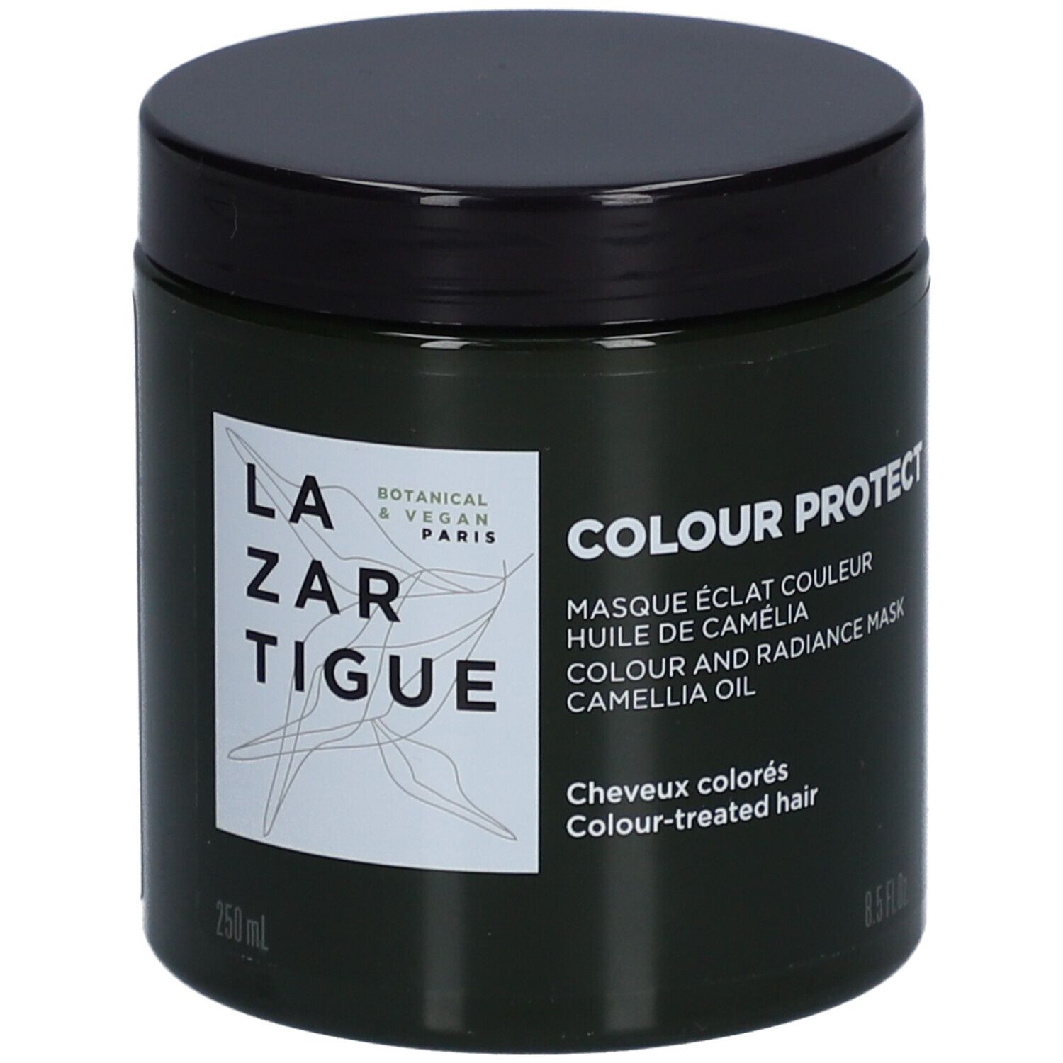 Dunkelgrüne Dose mit schwarzem Deckel. Aufkleber mit Schriftzug: LAZARTIGUE, COLOUR PROTECT, 250 ml.