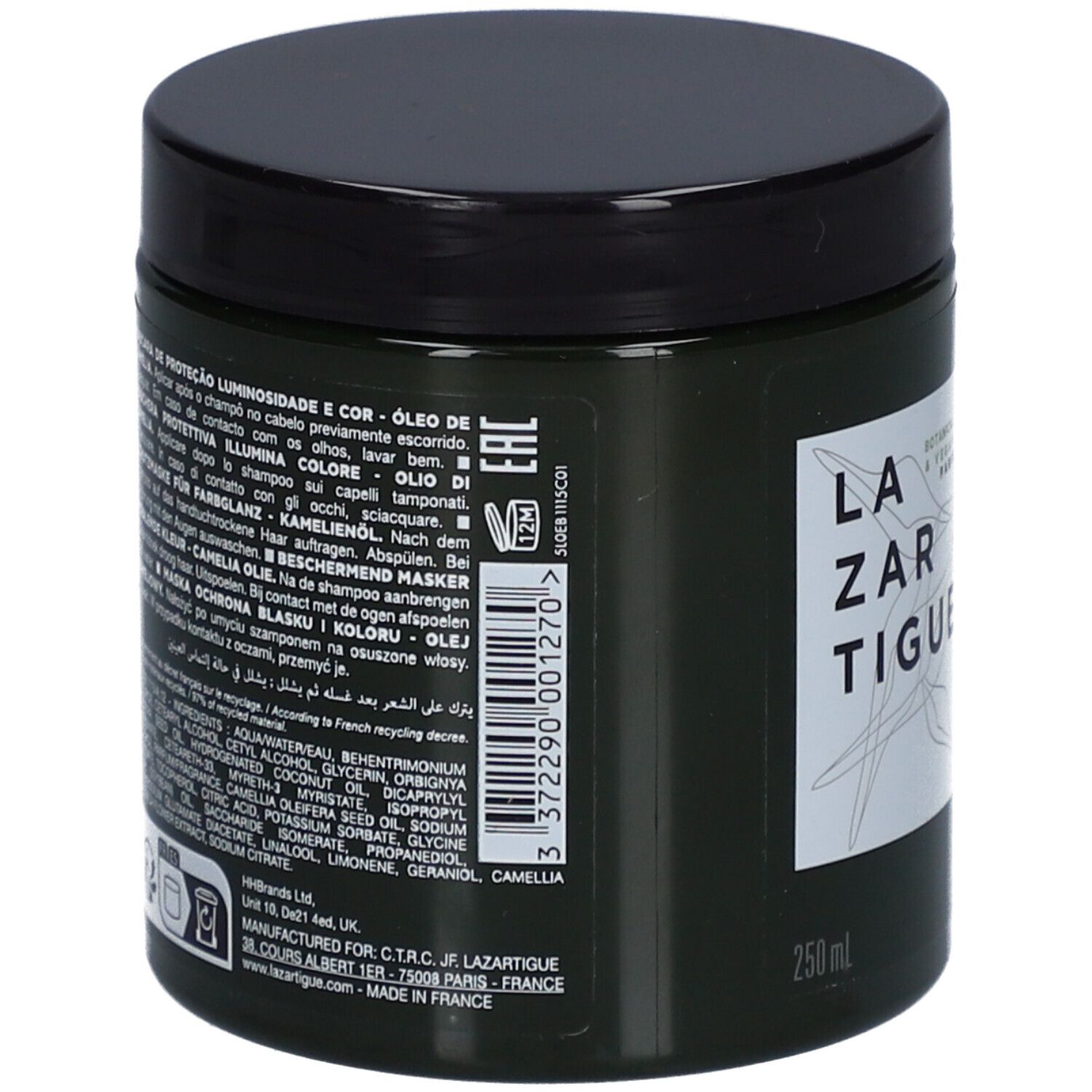 Rückseite einer dunkelgrünen Dose mit schwarzem Deckel. Text: LAZARTIGUE, Inhaltsstoffe, 250 ml.