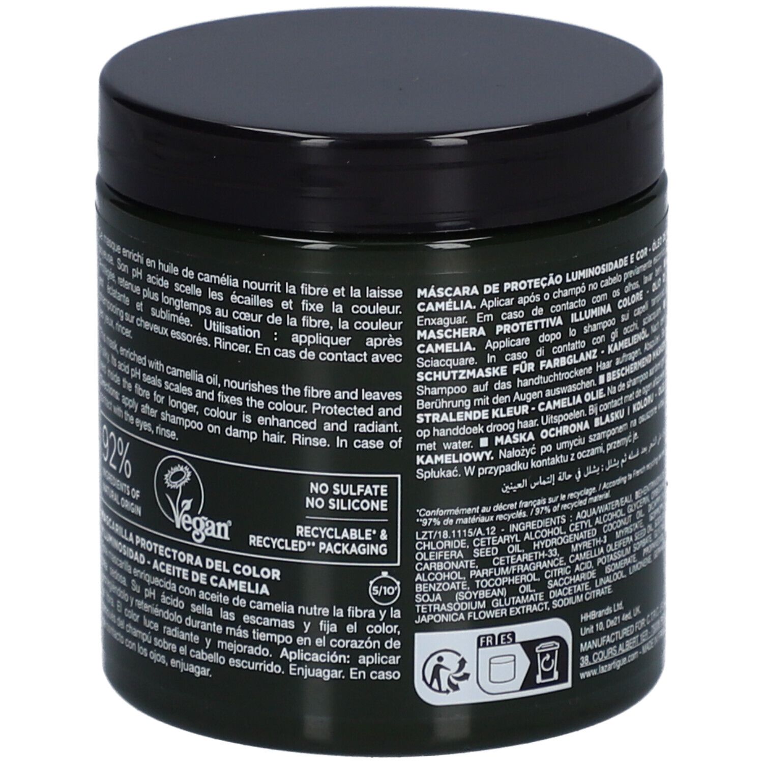 Rückseite einer dunkelgrünen Dose mit schwarzem Deckel. Text: 92% Inhaltsstoffe natürlichen Ursprungs, Vegan.