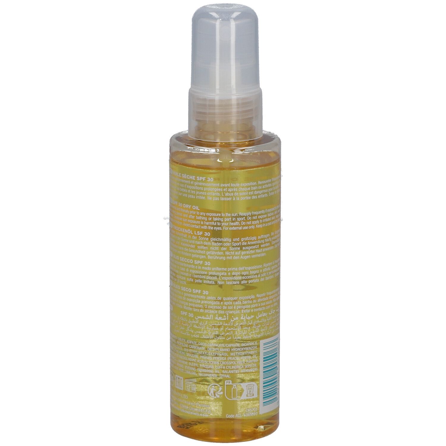 Rückseite einer gelben Flasche mit Sprühkopf. Aufschrift: Noreva, Bergasol, SPF 30. Trockenöl. Wasserfest. Parfümiert. Siegel: Ocean Tested.
