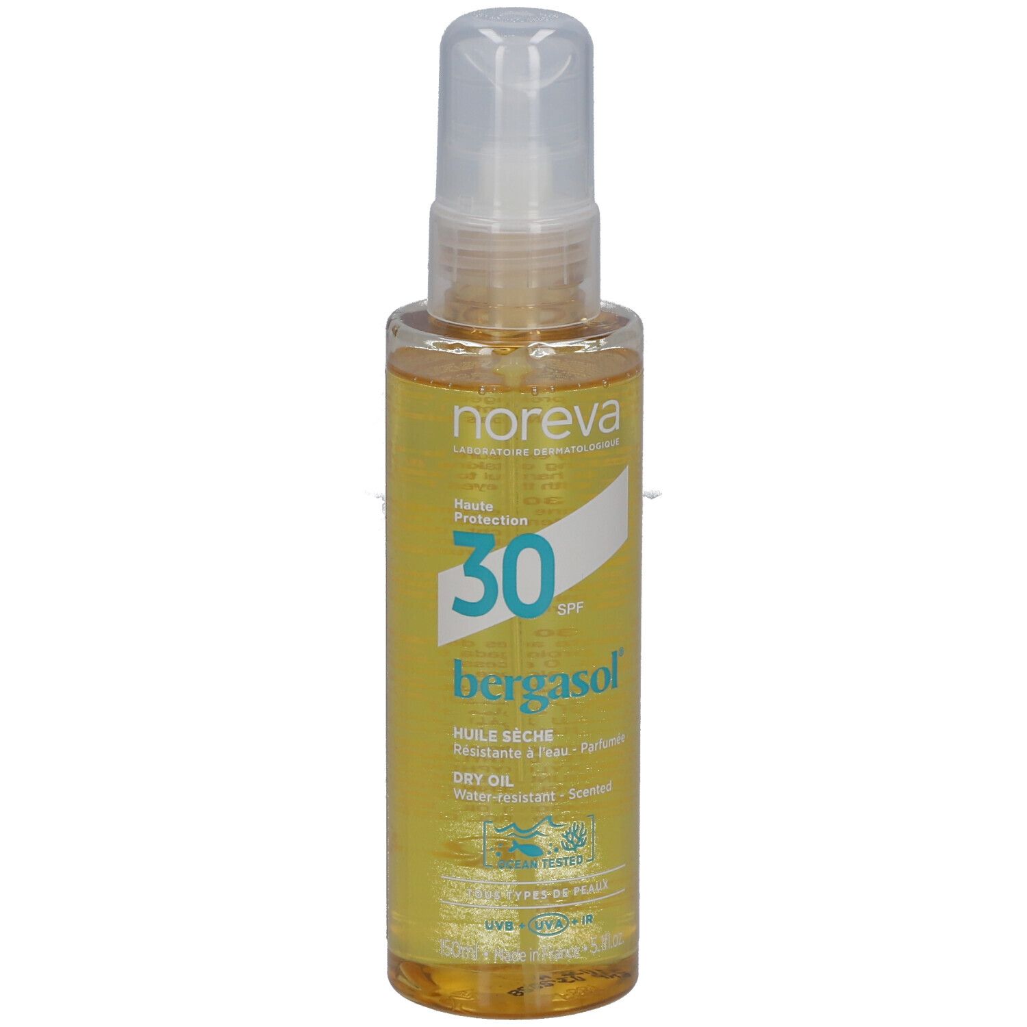 Gelbliche Flasche mit Sprühkopf. Aufschrift: Noreva, Bergasol, SPF 30. Trockenöl. Wasserfest. Parfümiert. Siegel: Ocean Tested.
