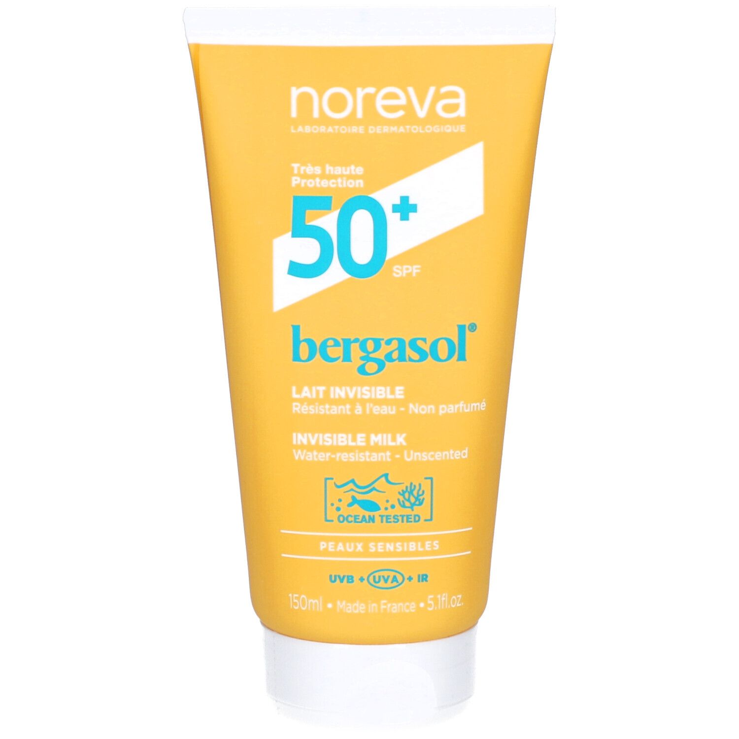Gelbe Tube mit weißem Deckel. Aufschrift: Noreva, Bergasol, SPF 50+. Text: Lait Invisible, Invisible Milk. Ozean-getestet.