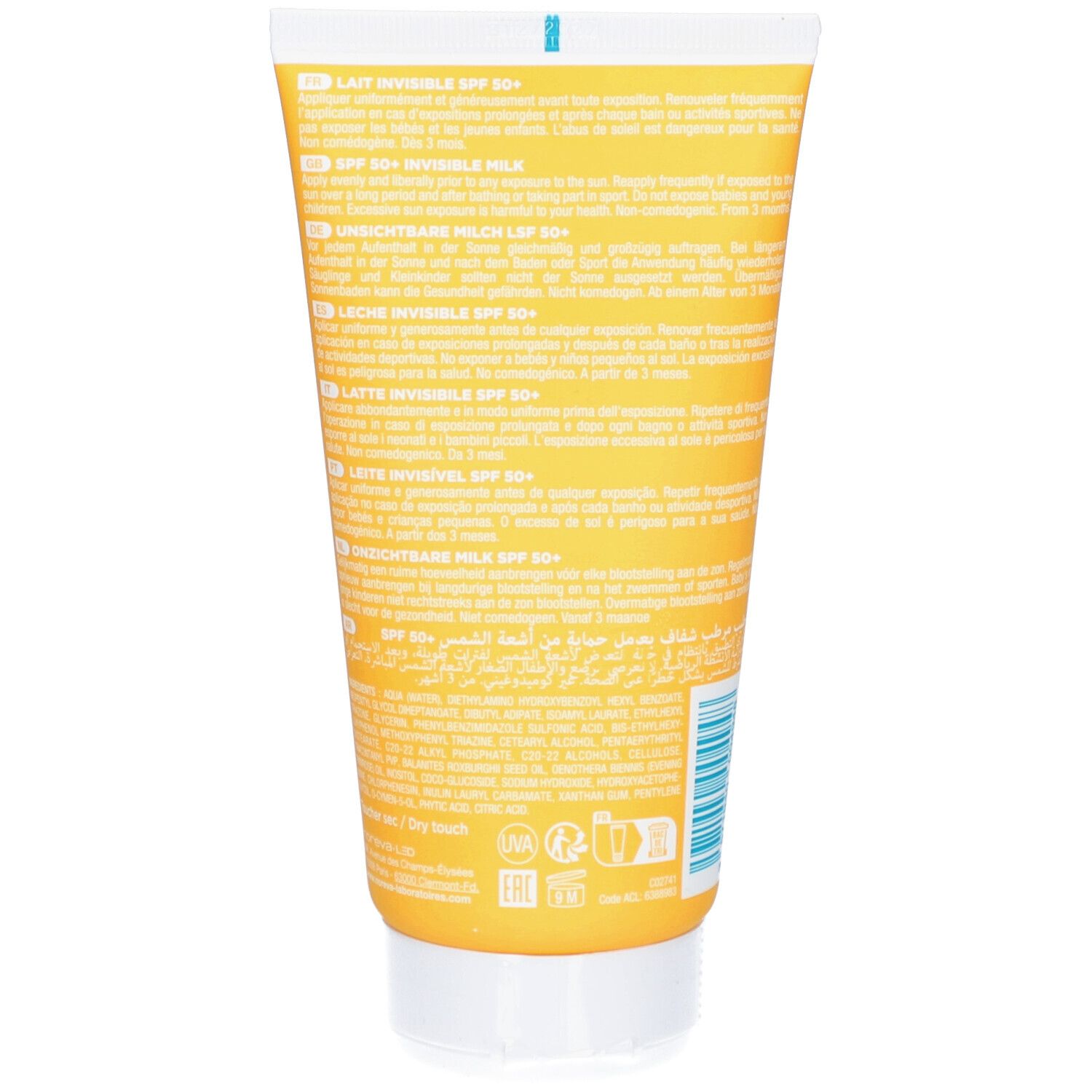 Rückseite der gelben Tube. Mehrsprachiger Text. Aufschrift: Lait Invisible SPF 50+. Logos: EAU, UVA, IR, etc.