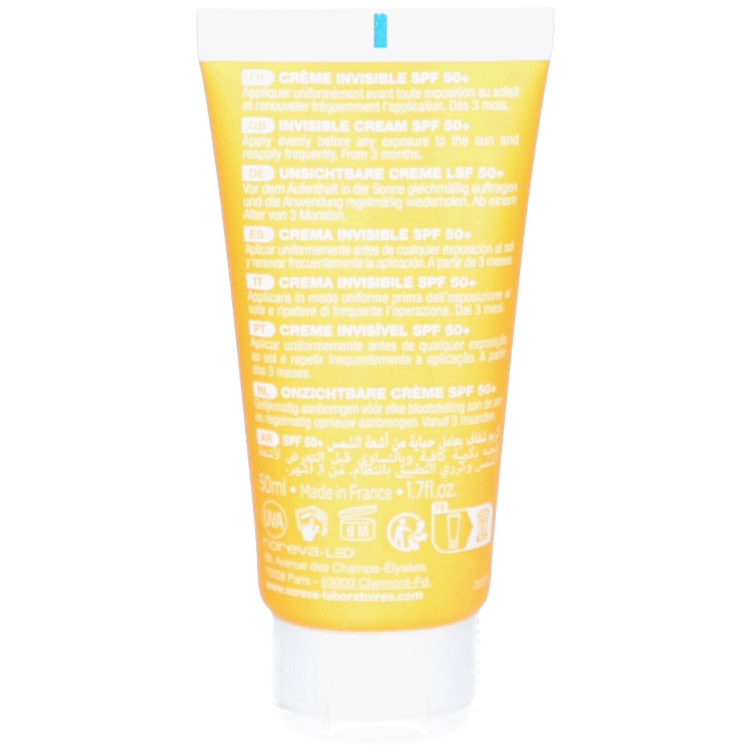 Rückseite einer gelben Tube. Text in mehreren Sprachen. Enthält Informationen zum Produkt.