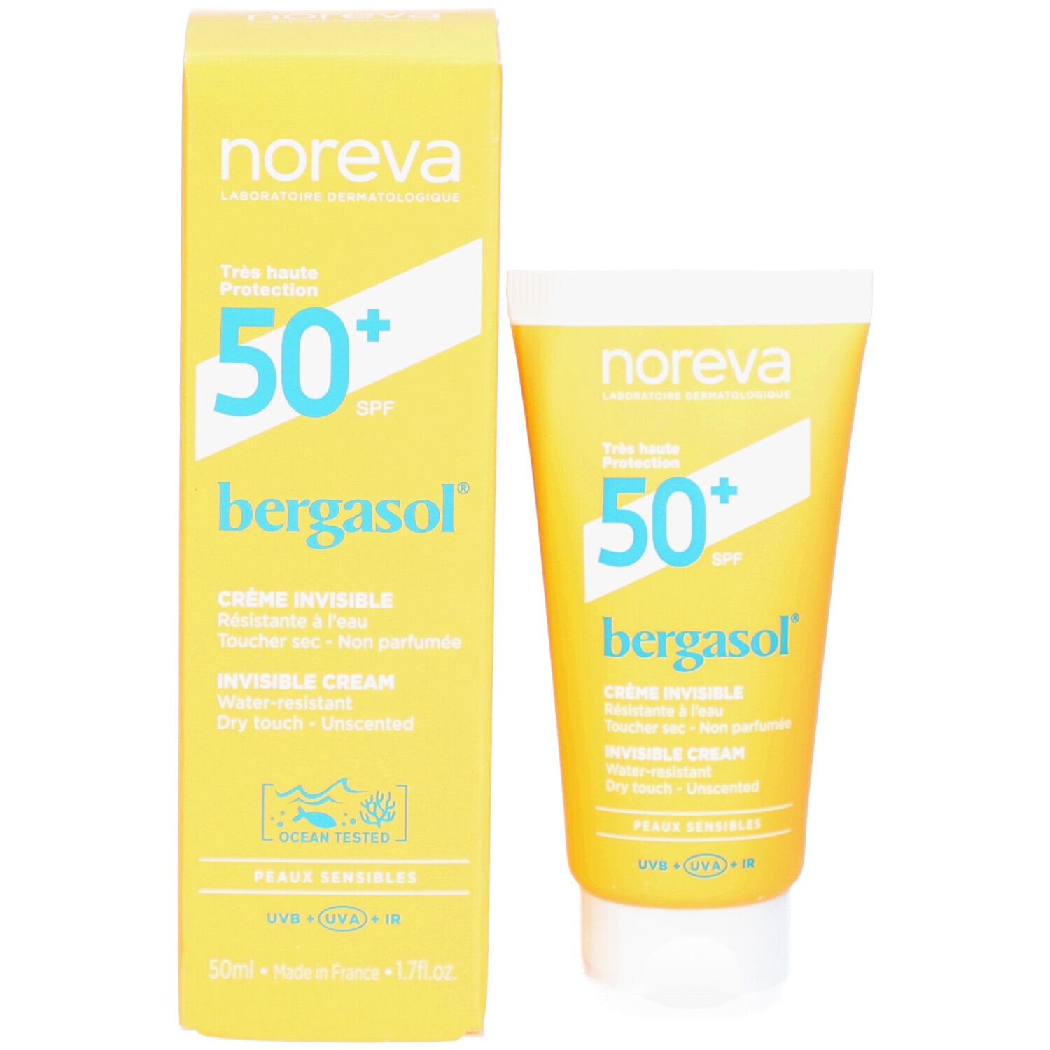 Gelbe Schachtel und Tube. Beide mit "50+ SPF", "bergasol" und Produktinformationen.