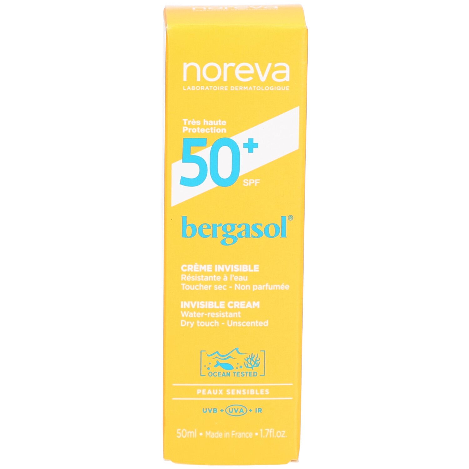 Gelbe Schachtel mit weißem Aufdruck. Enthält "50+ SPF", "bergasol" und Produktinformationen.