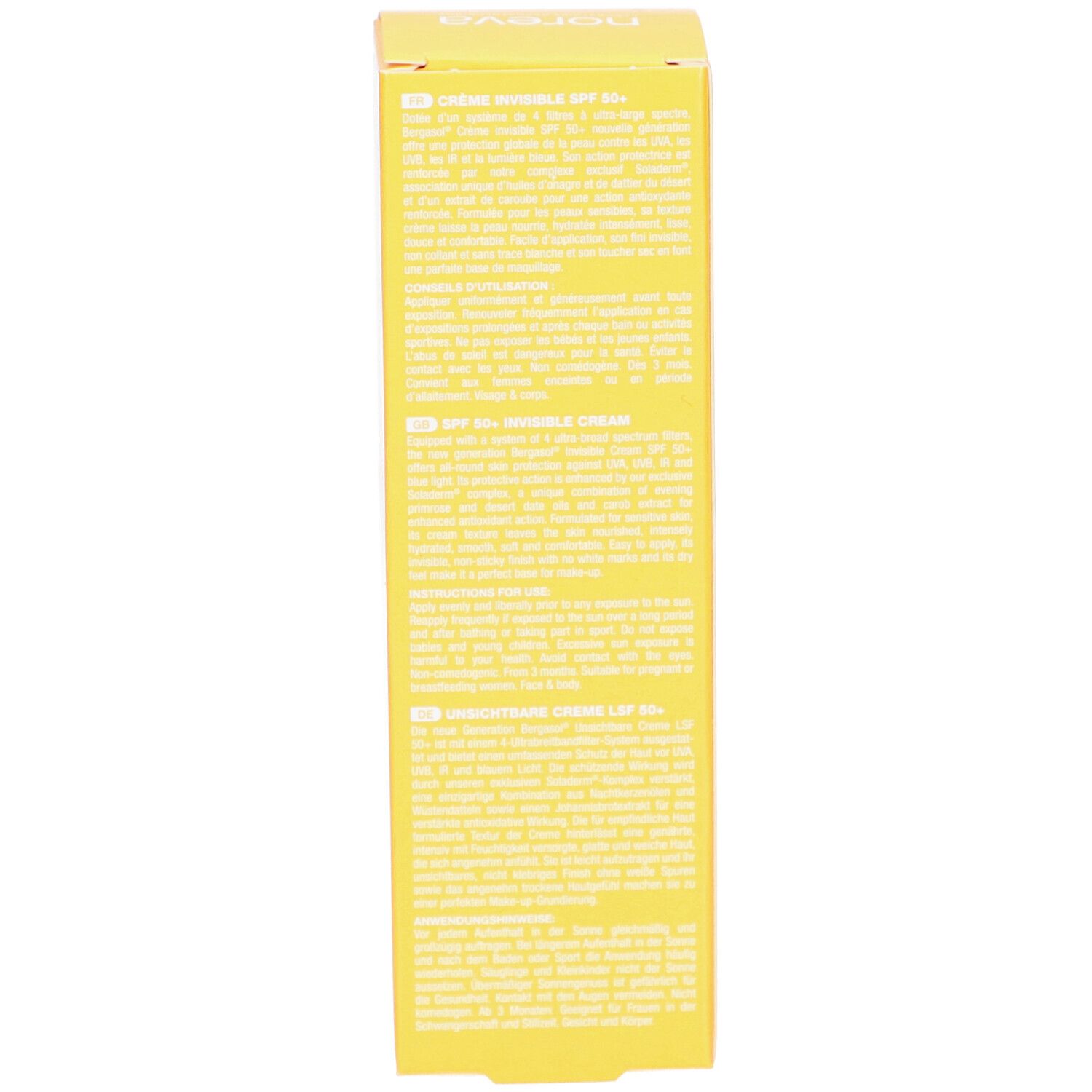 Gelbe Schachtel, Seitenansicht. Text in mehreren Sprachen. Enthält Produktinformationen.