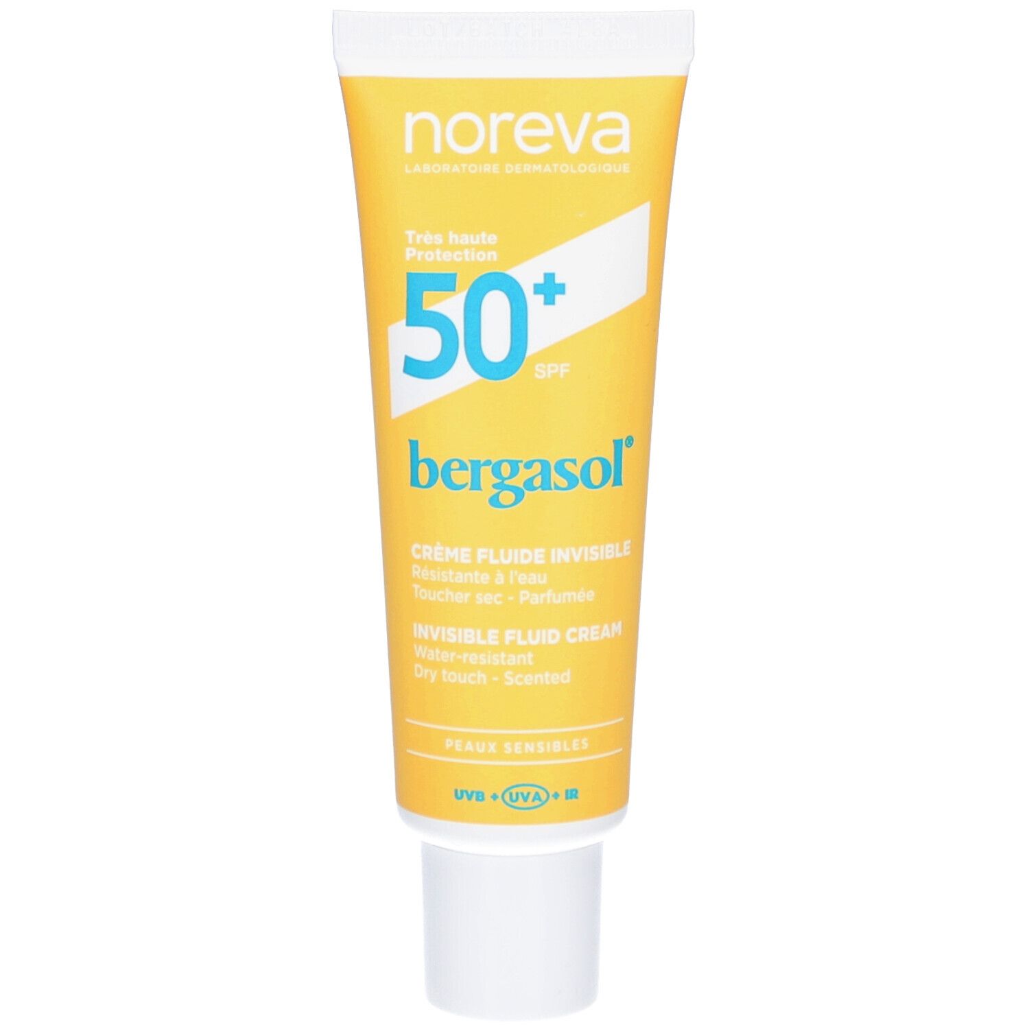 Gelbe Tube mit weißem Deckel. Aufschrift: Noreva, SPF 50+, bergasol, Crème Fluide Invisible, Peaux Sensibles.
