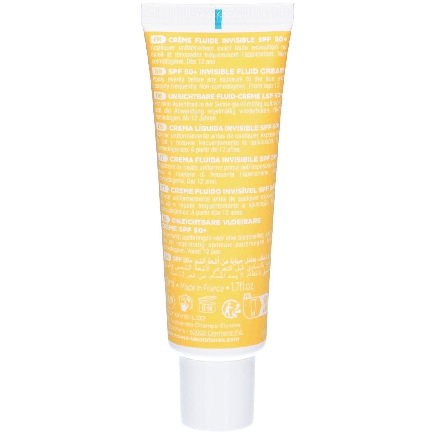 Rückseite der gelben Tube. Mehrsprachige Produktinformationen. Aufschrift: Crème Fluide Invisible SPF 50+.