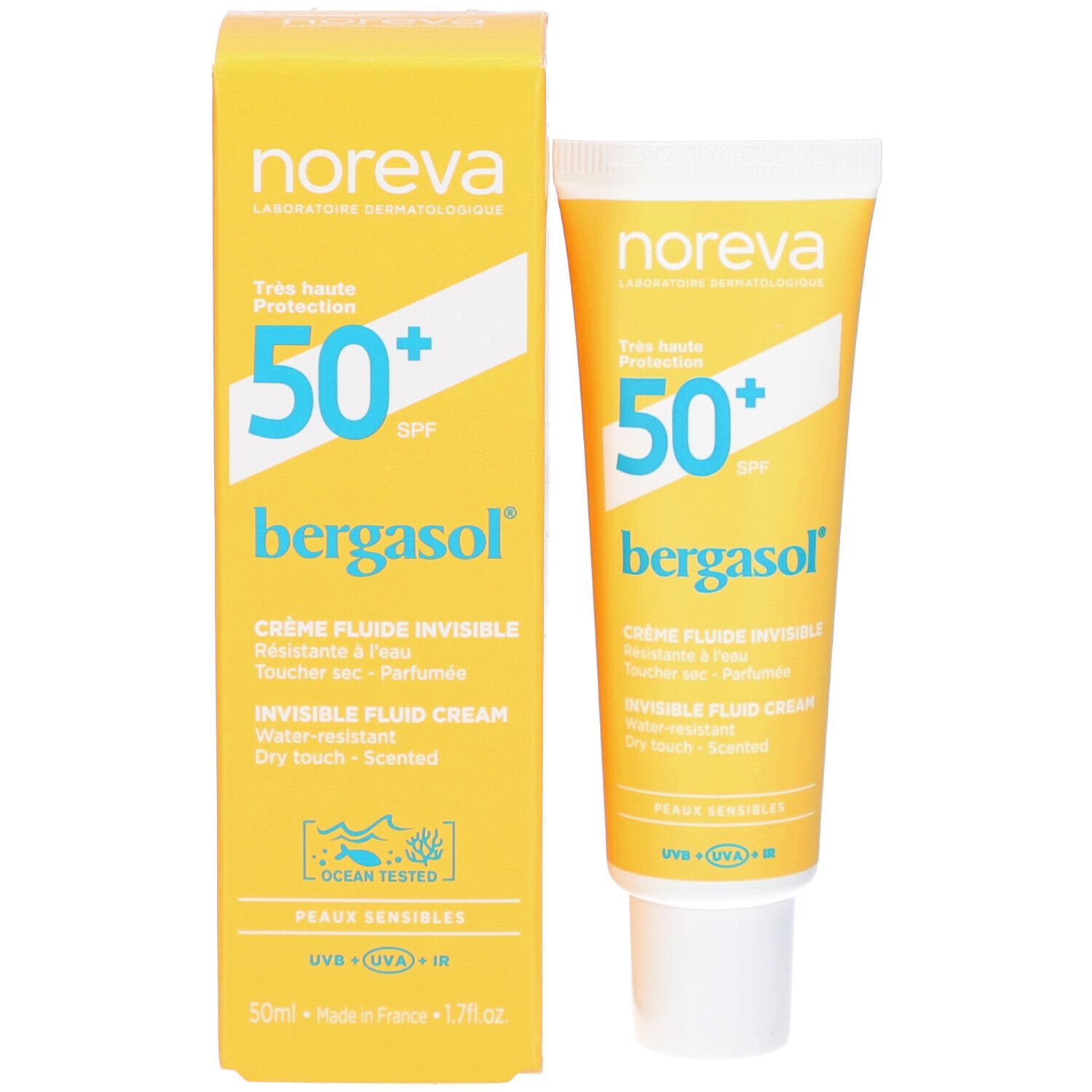 Gelbe Schachtel und Tube. Aufschrift: Noreva, SPF 50+, bergasol, Crème Fluide Invisible, Peaux Sensibles. Ocean Tested.