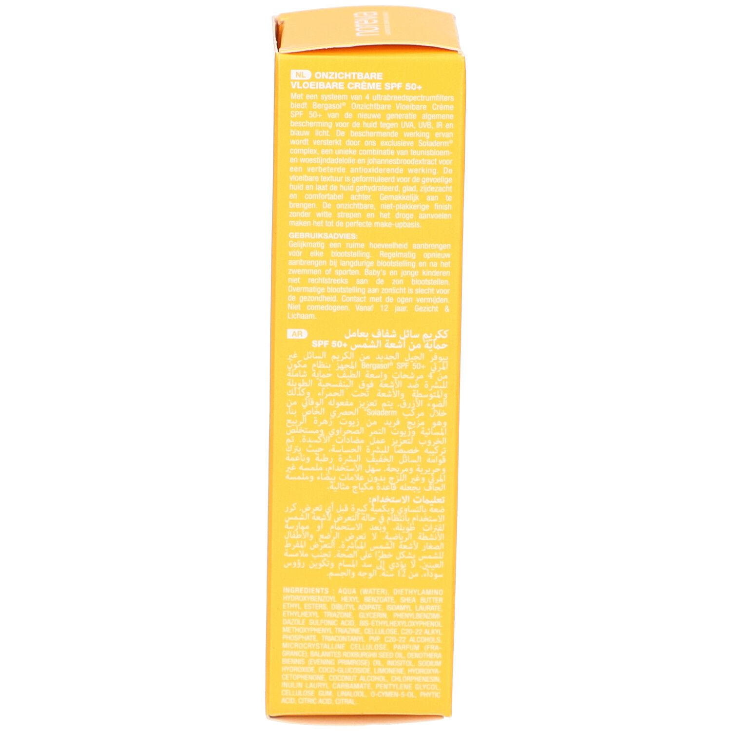 Rückseite der gelben Schachtel. Mehrsprachige Produktinformationen. Aufschrift: Crème Fluide Invisible SPF 50+.
