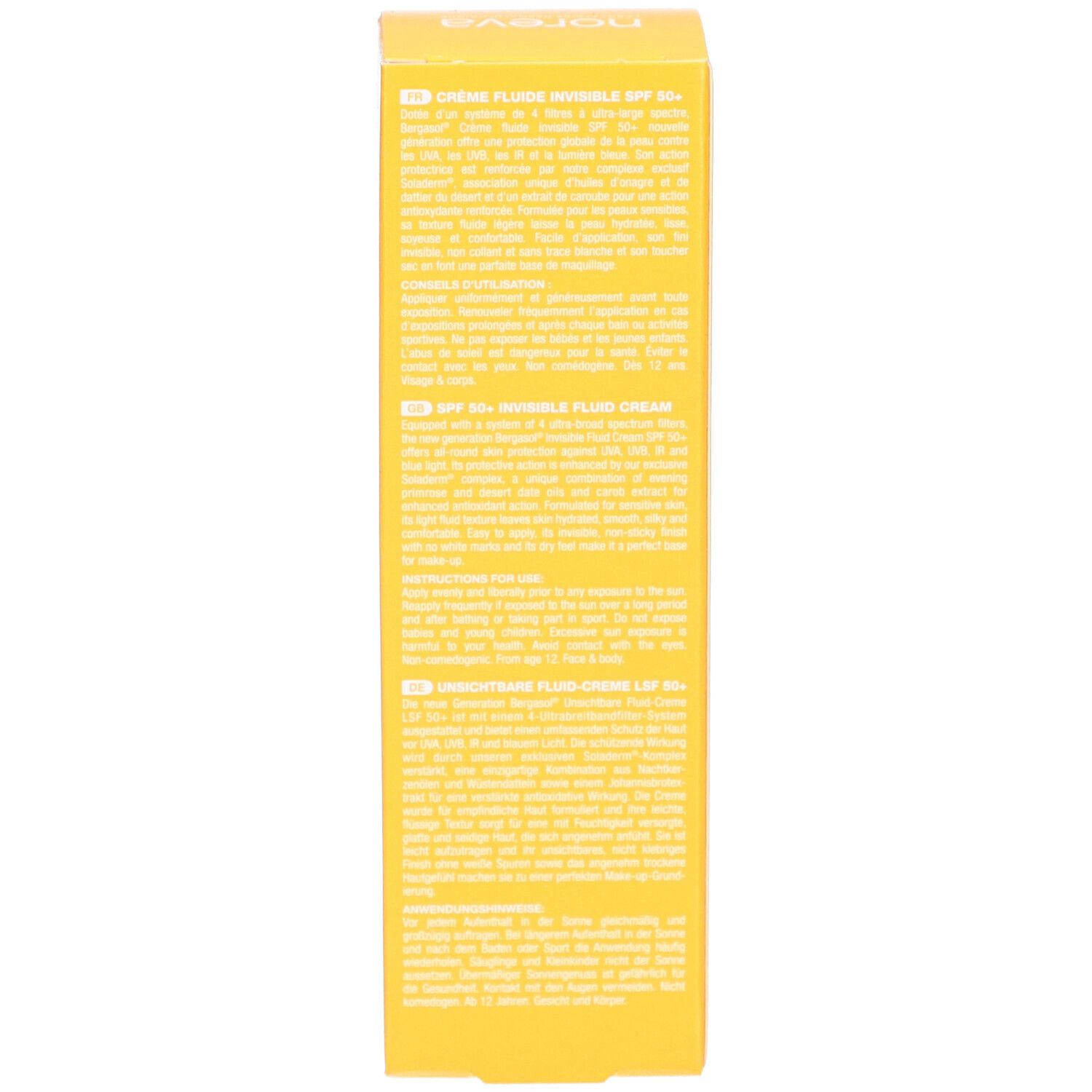Seite der gelben Schachtel. Mehrsprachige Produktinformationen. Aufschrift: Crème Fluide Invisible SPF 50+.
