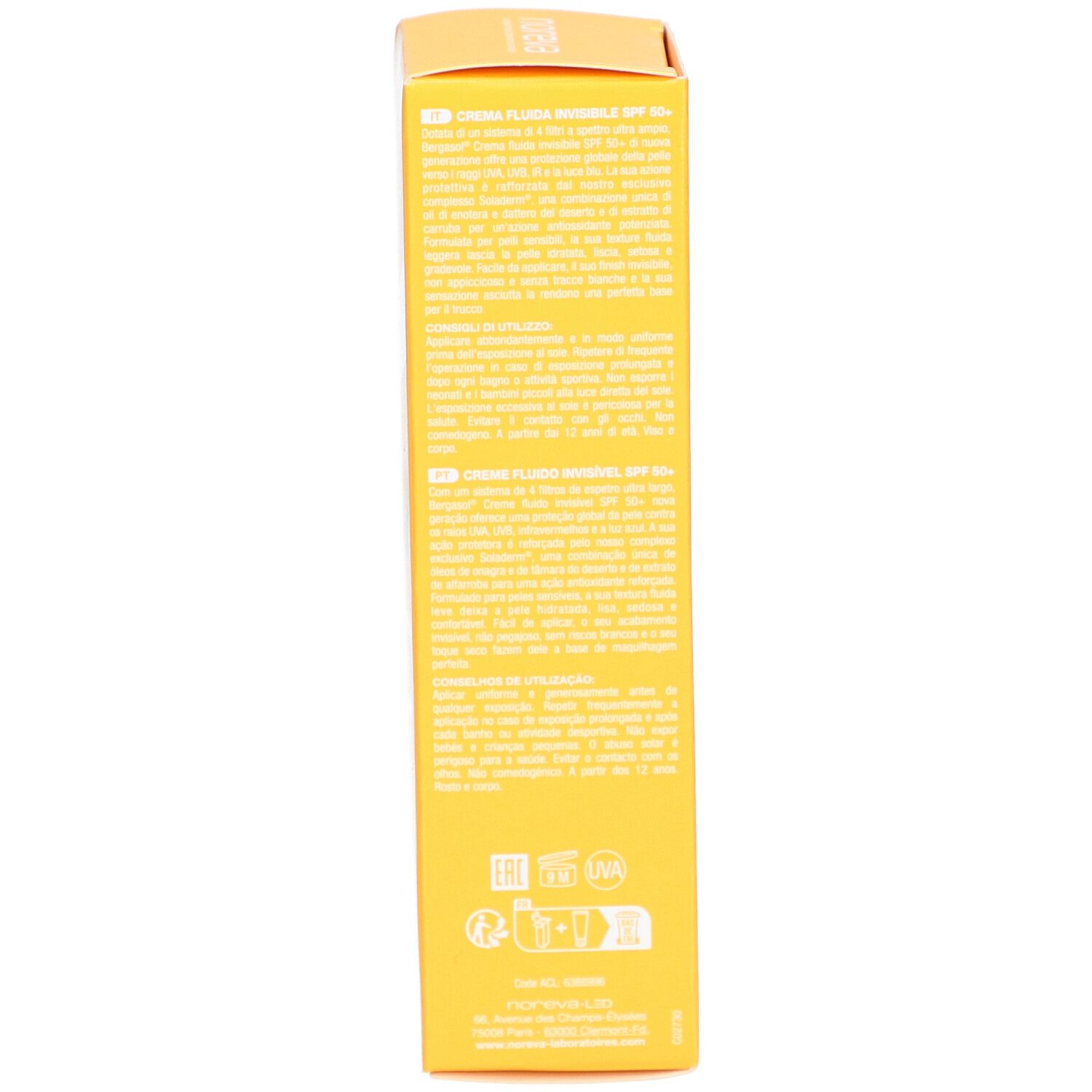 Seite der gelben Schachtel. Mehrsprachige Produktinformationen. Aufschrift: Crème Fluide Invisible SPF 50+.