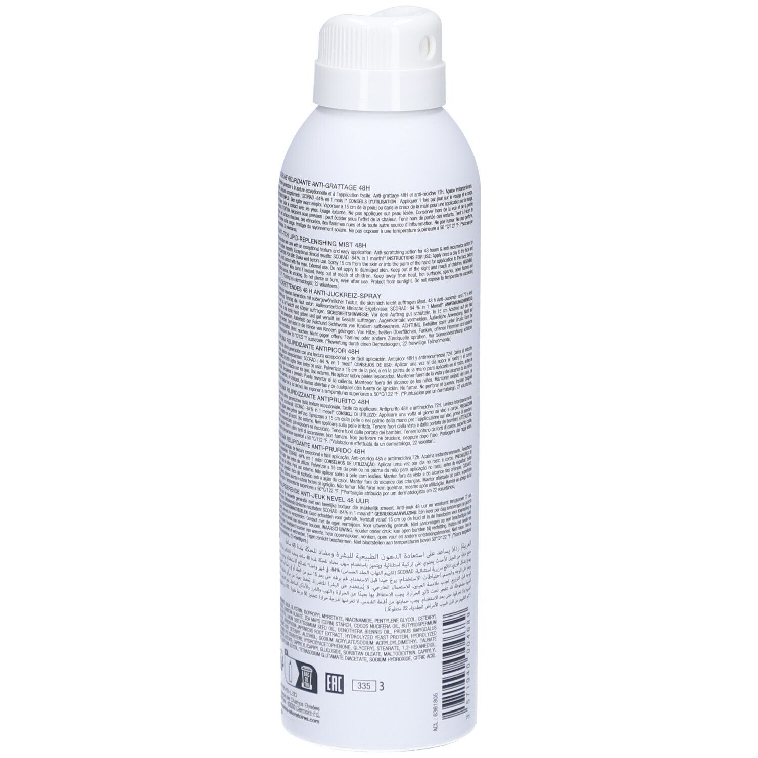 Weiße Sprühflasche, Detailansicht der Rückseite. Textinformationen auf dem Etikett. Marke: Noreva. Produkt: Eczeane Brume Relipidante.