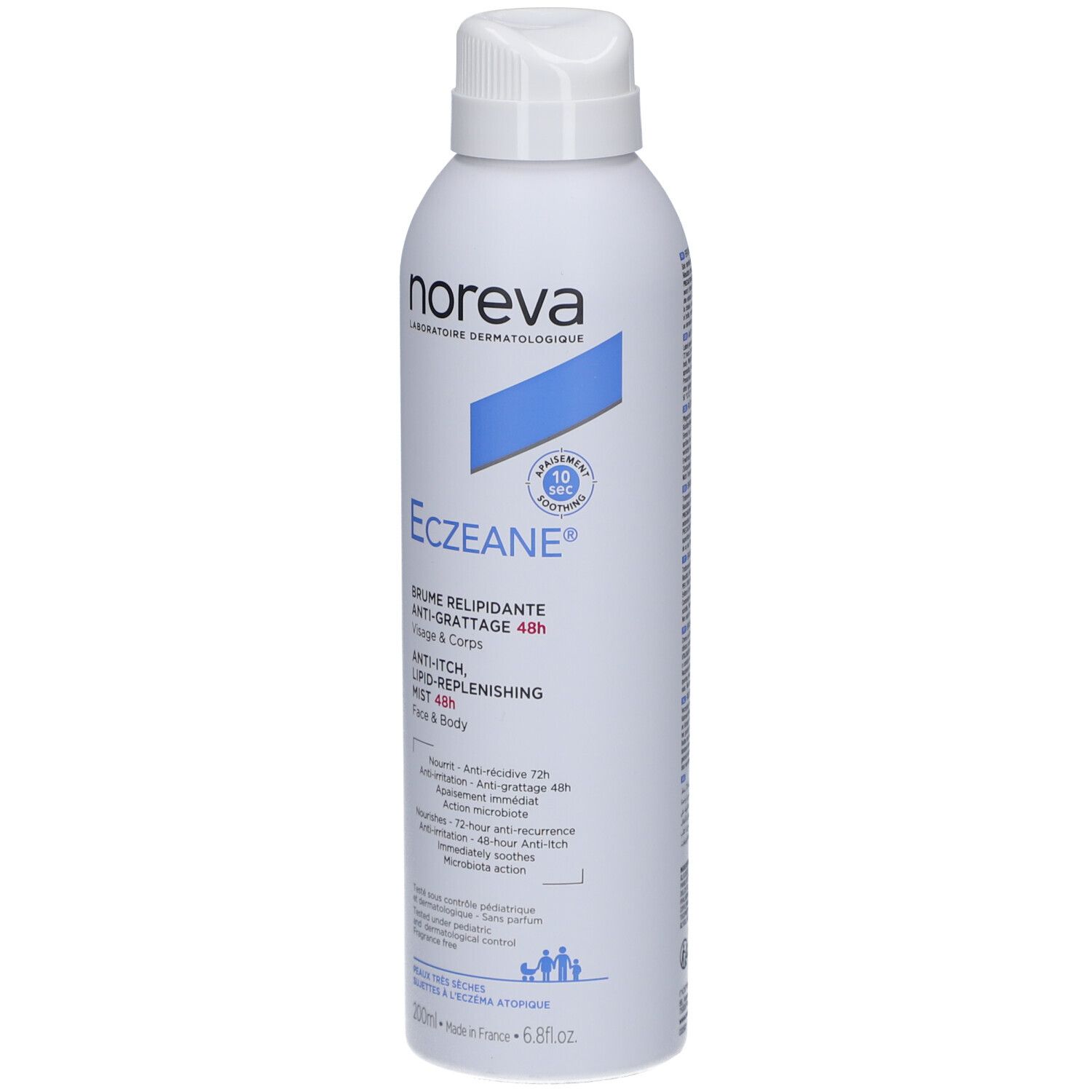 Weiße Sprühflasche mit Produktnamen und blauer Markierung. Text: Anti-Juckreiz, Lipid-Auffüllung, 48h. Marke: Noreva.