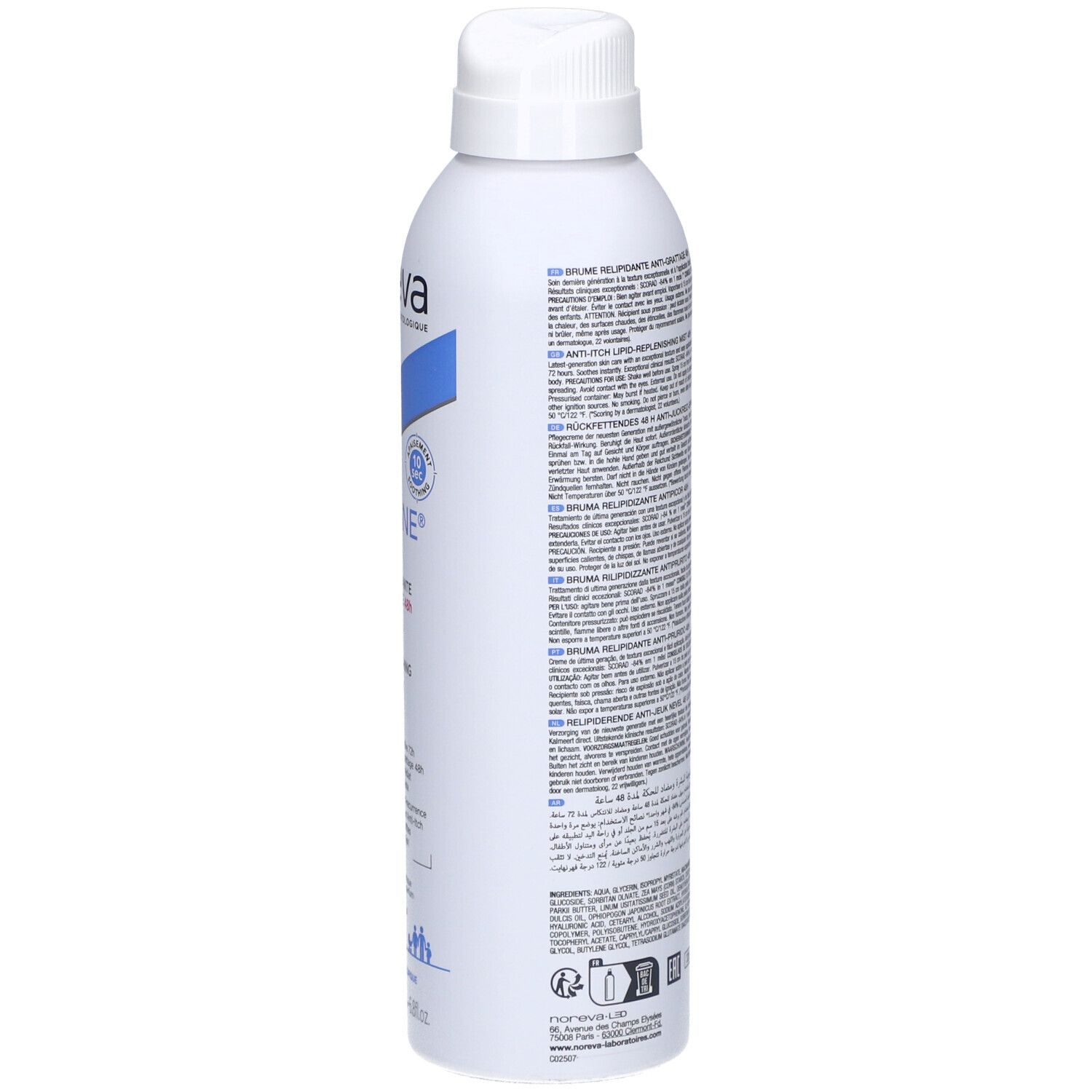 Weiße Sprühflasche, Seitenansicht. Text und Informationen auf dem Etikett. Marke: Noreva. Produkt: Eczeane Brume Relipidante.