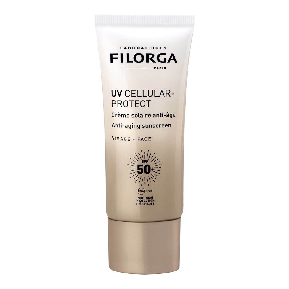 Filorga UV-Cellular Protect LSF 50. Tube avec informations produit. Marque et nom visibles.