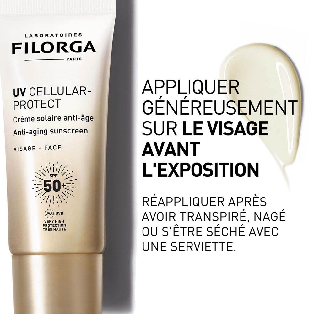 Filorga UV-Cellular Protect. Application sur le visage. Texte: Appliquer généreusement.