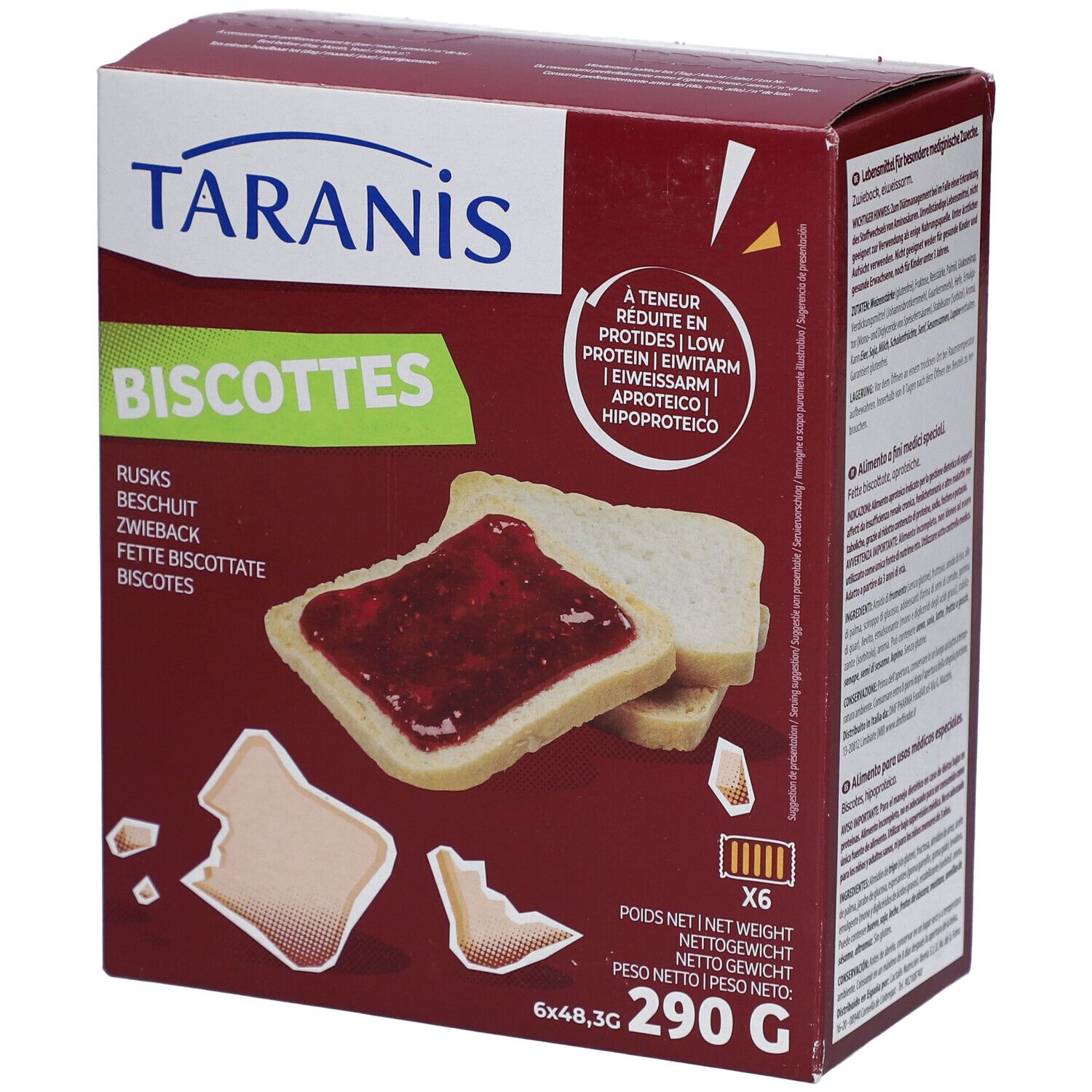 Taranis Biscottes-Packung. Rote Verpackung mit Produktname und Abbildungen von Zwieback mit Marmelade. Enthält 6 Packungen.