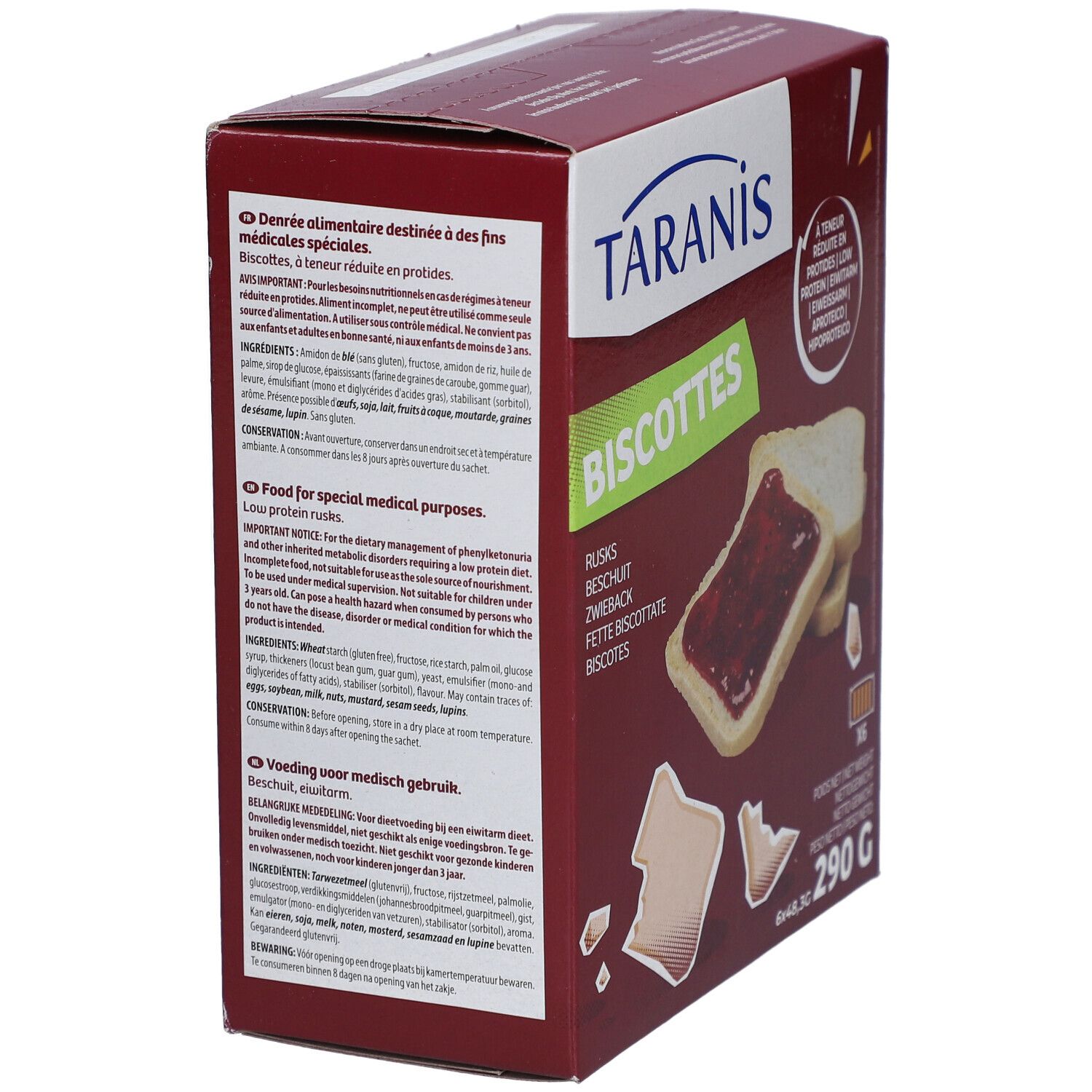 Taranis Biscottes-Packung, Seitenansicht. Rote Verpackung mit Produktinformationen und Nährwertangaben. Enthält 290g.