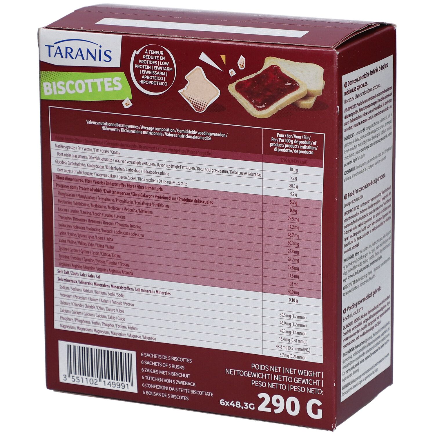 Taranis Biscottes-Packung, Rückseite. Rote Verpackung mit Nährwertangaben und Produktinformationen. Enthält 290g.