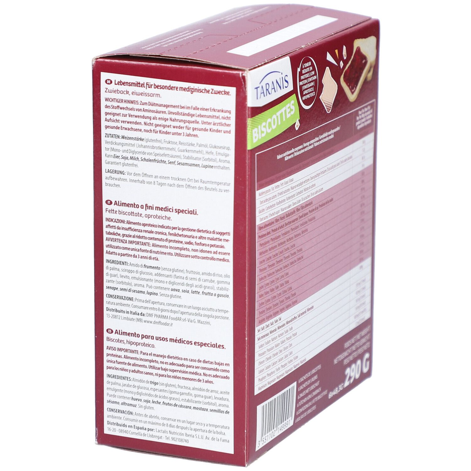 Taranis Biscottes-Packung, Seitenansicht. Rote Verpackung mit Produktinformationen und Nährwertangaben. Enthält 290g.