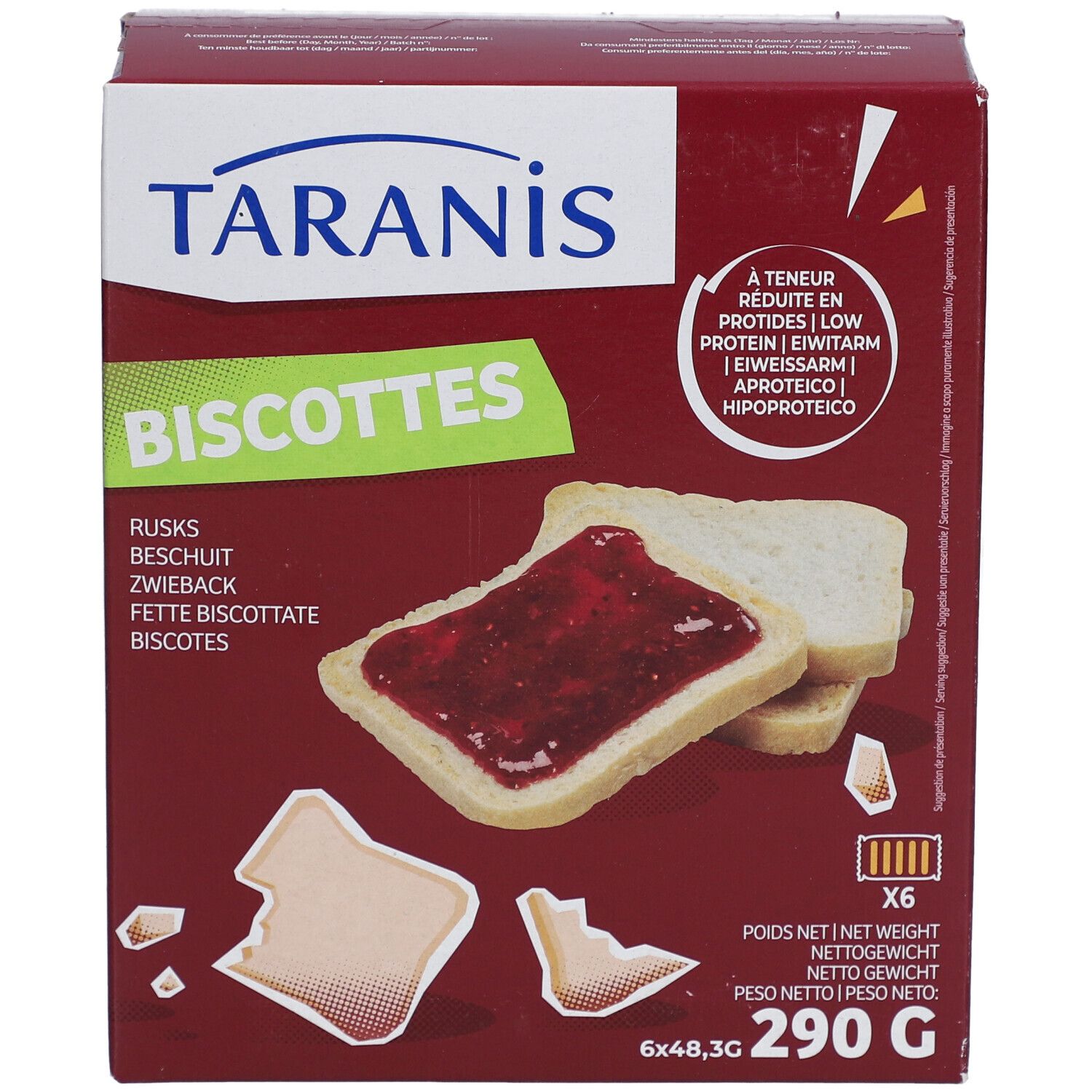 Taranis Biscottes-Packung. Rote Verpackung mit Produktname und Abbildungen von Zwieback mit Marmelade. Enthält 6 Packungen.
