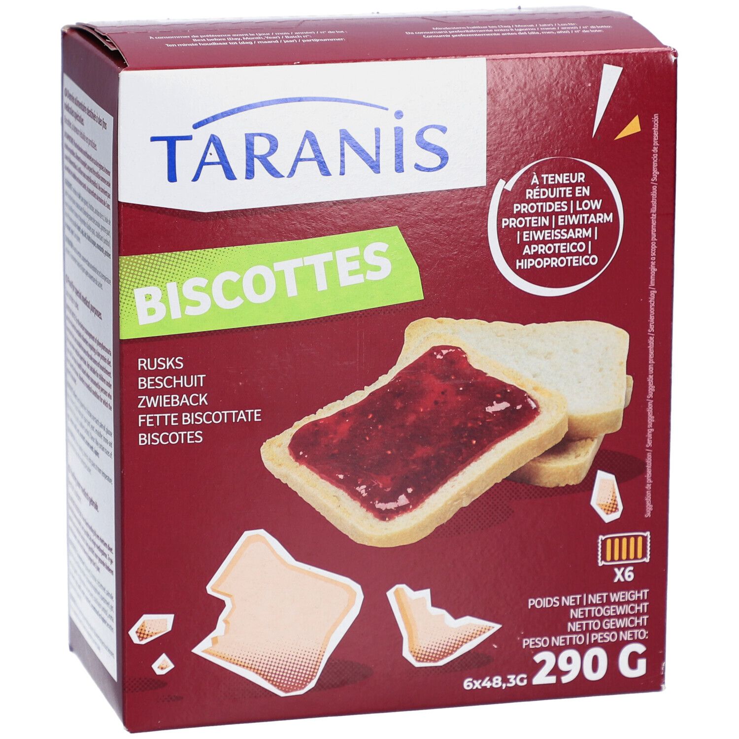 Taranis Biscottes-Packung. Rote Verpackung mit Produktname und Abbildungen von Zwieback mit Marmelade. Enthält 6 Packungen.