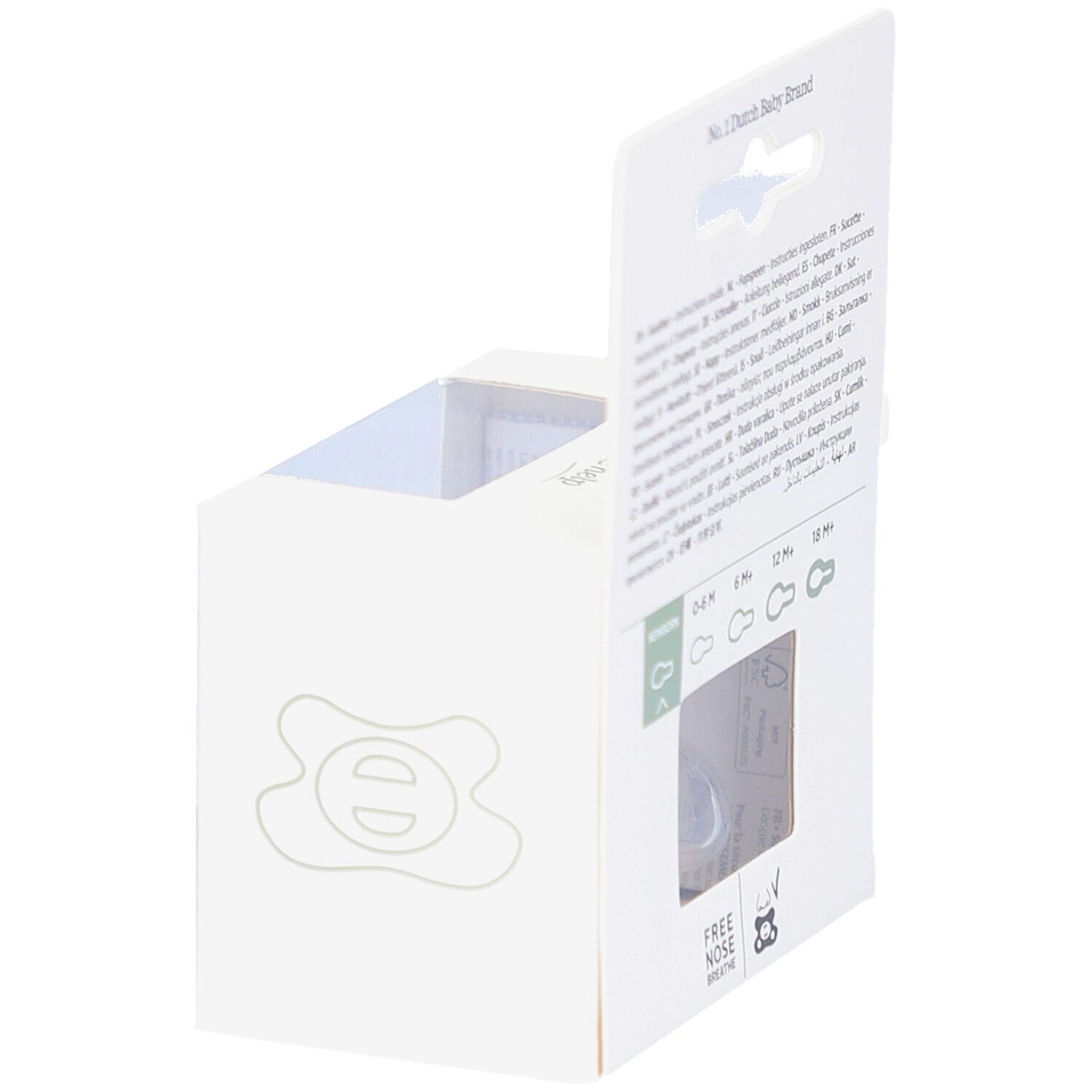 Emballage avec sucette. Texte: No. 1 Dutch Baby Brand, Free Nose Breathe.