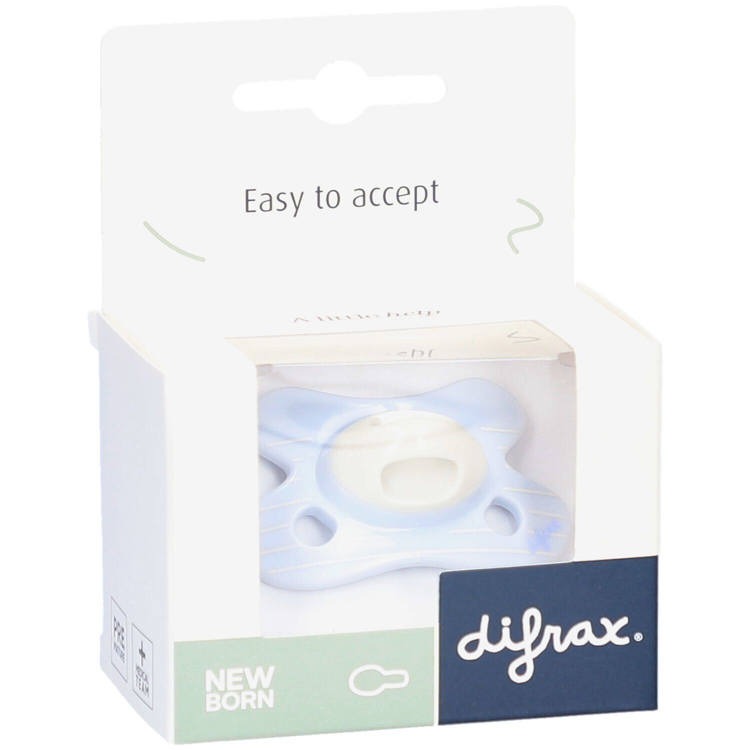Sucette bleue dans son emballage. Marque Difrax. Texte: Easy to accept, Newborn.