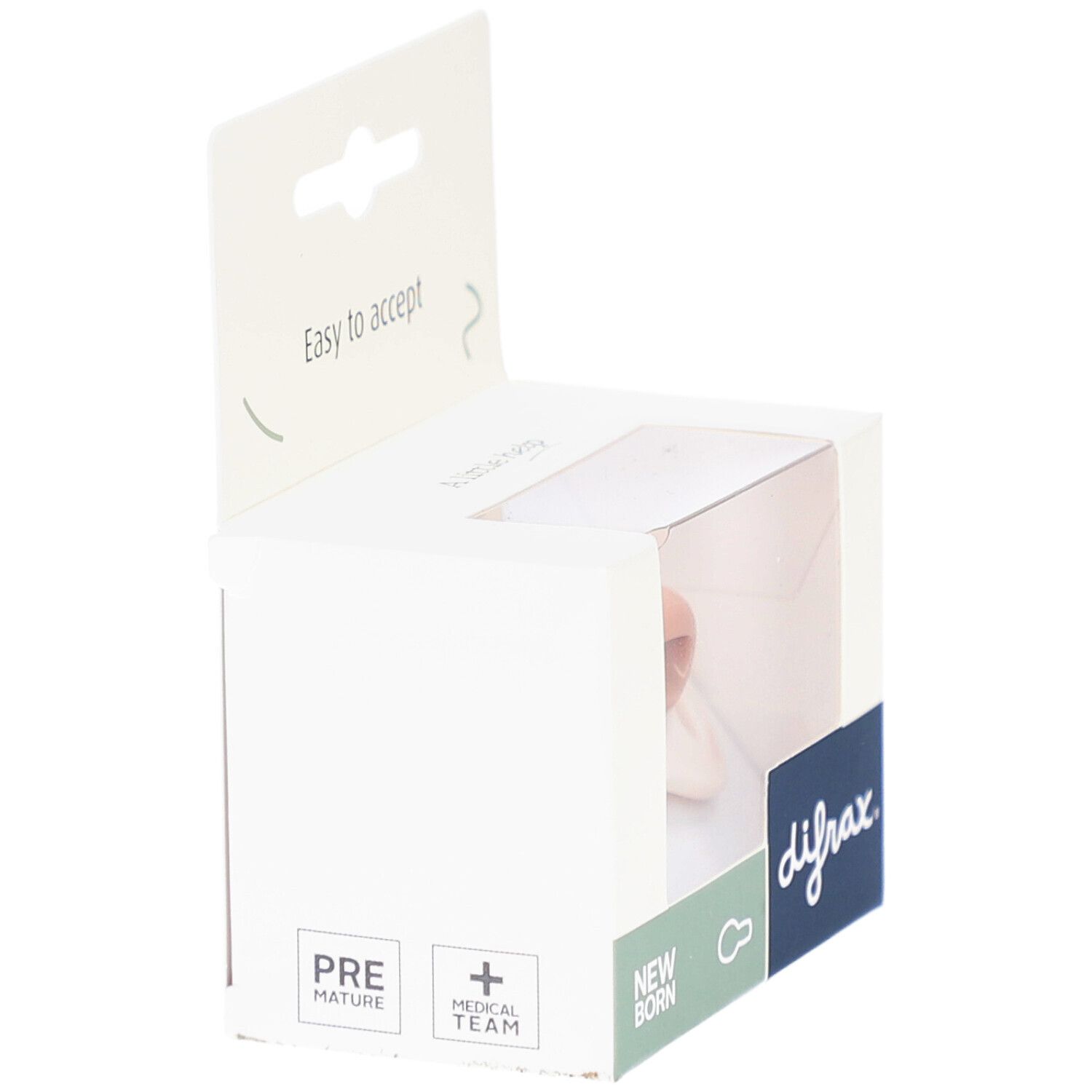 Verpackung mit Schnuller. Marke difrax. Aufschrift: New Born, Pre Mature, Medical Team.