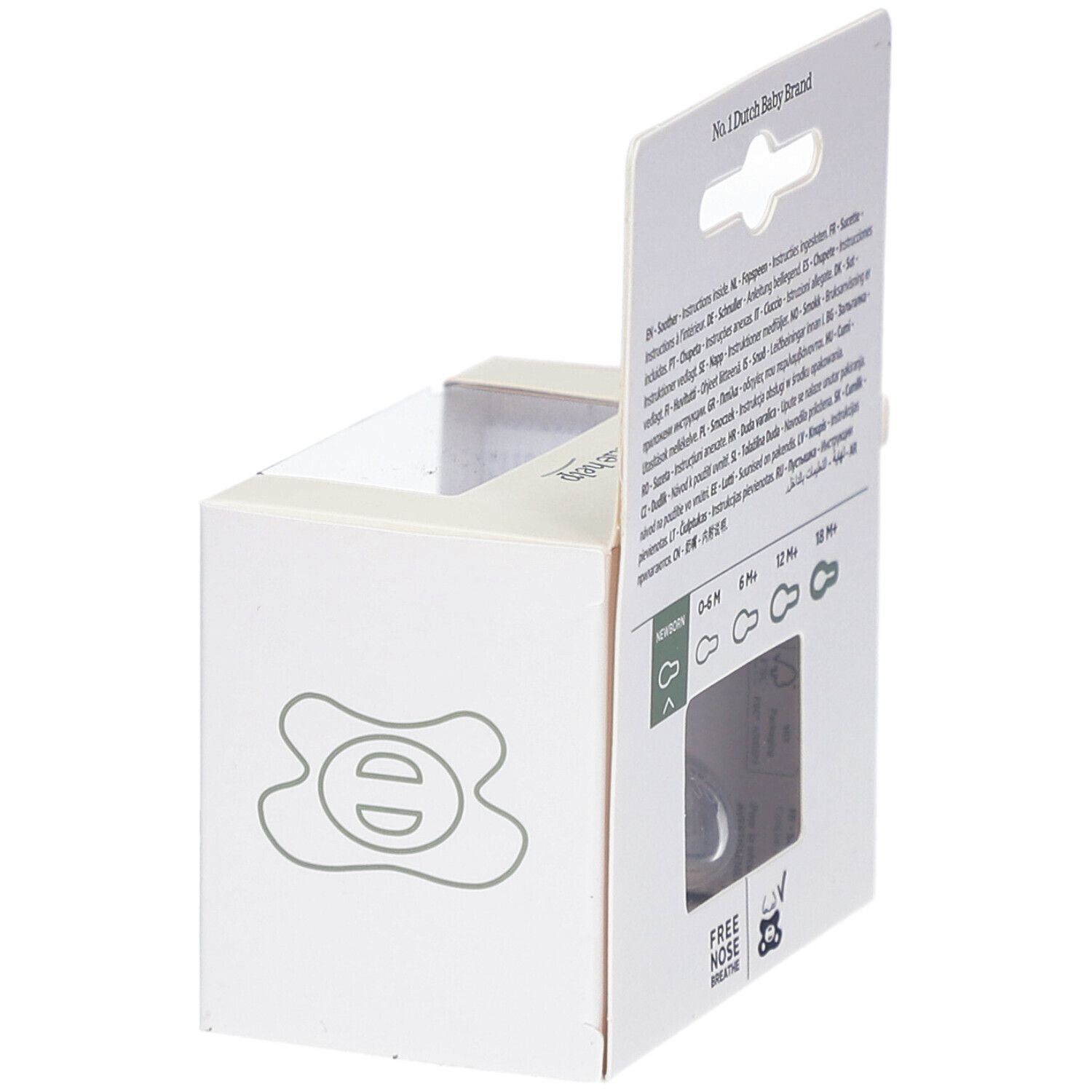 Verpackung. Aufschrift: No. 1 Dutch Baby Brand, Free Nose Breathe. Darstellung des Schnullers.