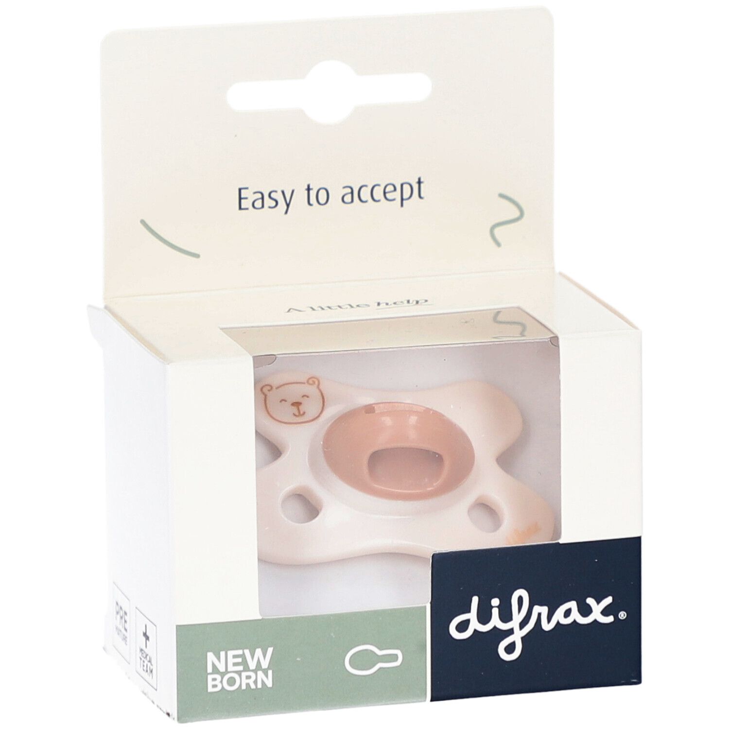 Schnuller in Verpackung. Weiß-rosa, mit Bär-Motiv. Marke difrax. Aufschrift: New Born, Easy to accept.