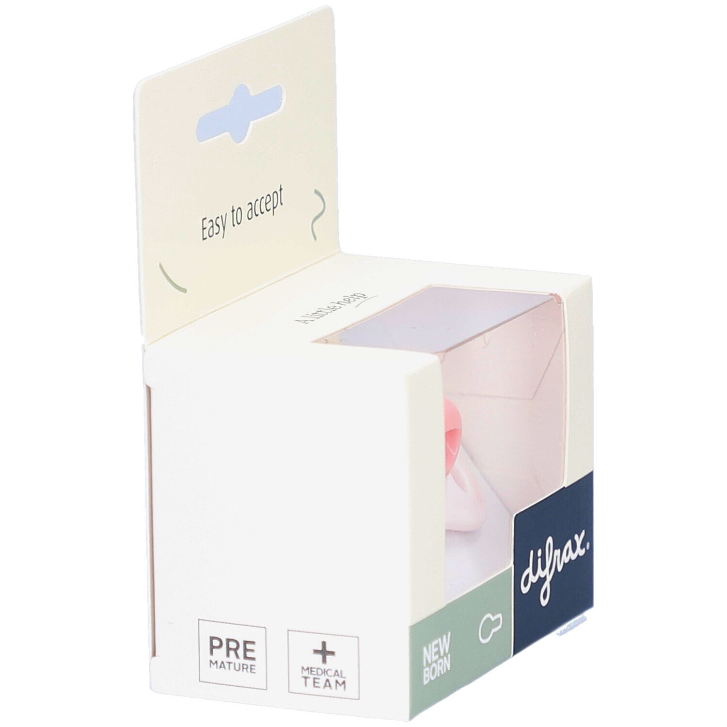 Emballage avec sucette rose. Inscriptions "Pre Mature" et "New Born". Marque difrax. Boîte blanche.