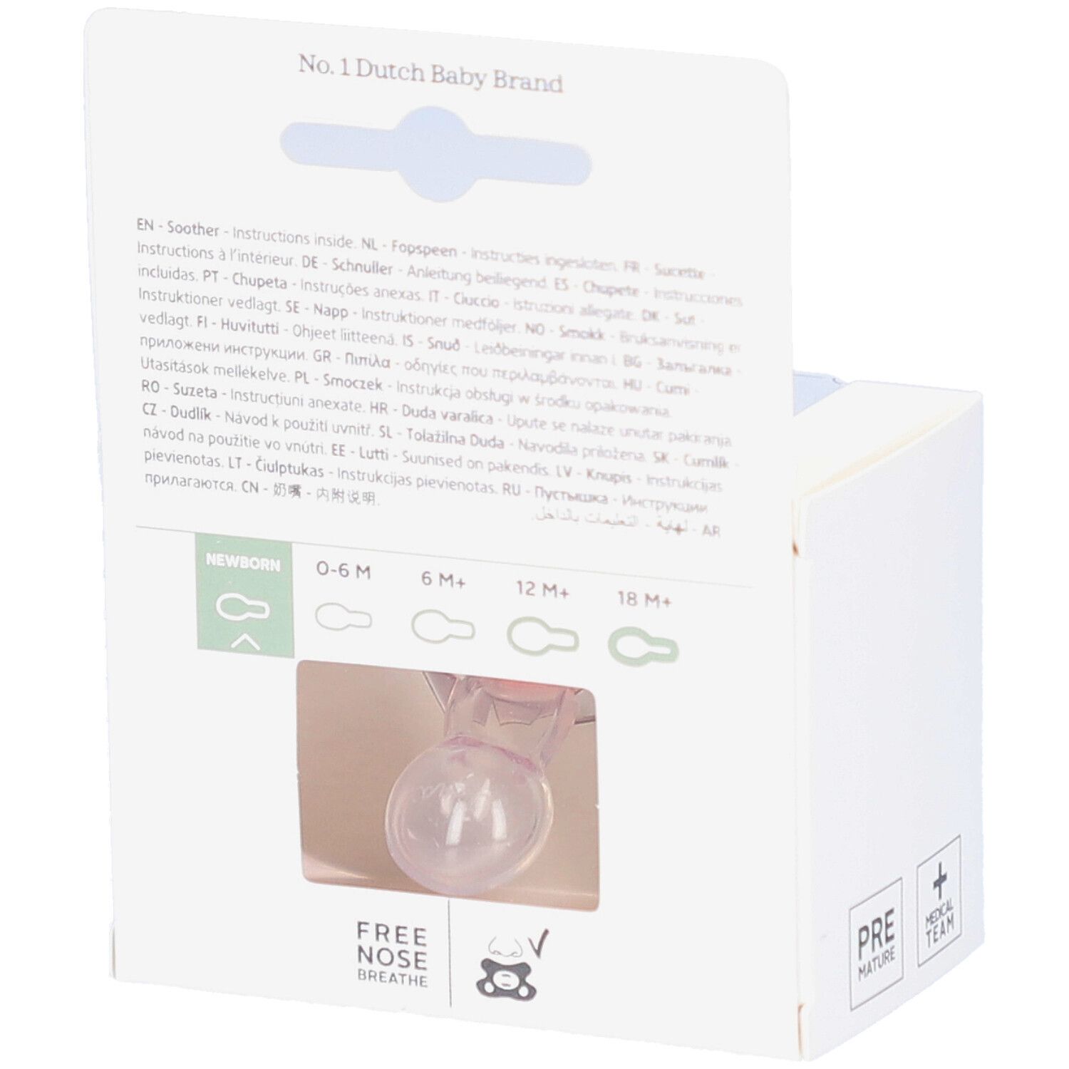 Dos de l'emballage. Sucette visible. Texte multilingue. Inscriptions "New Born" et âges. Logo.