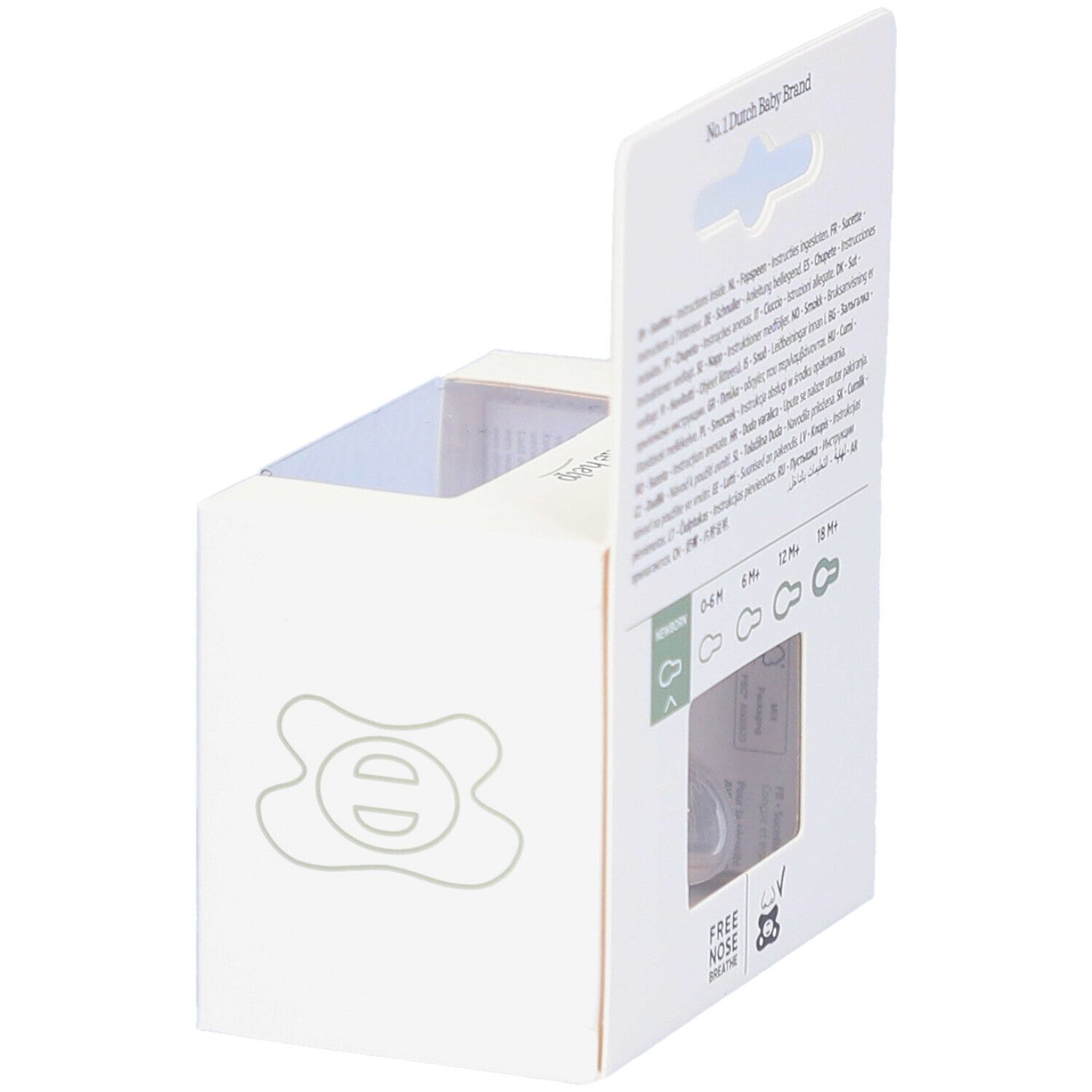 Emballage avec sucette. Fenêtre transparente. Inscription "Free Nose Breathe". Logo. Texte et âges.