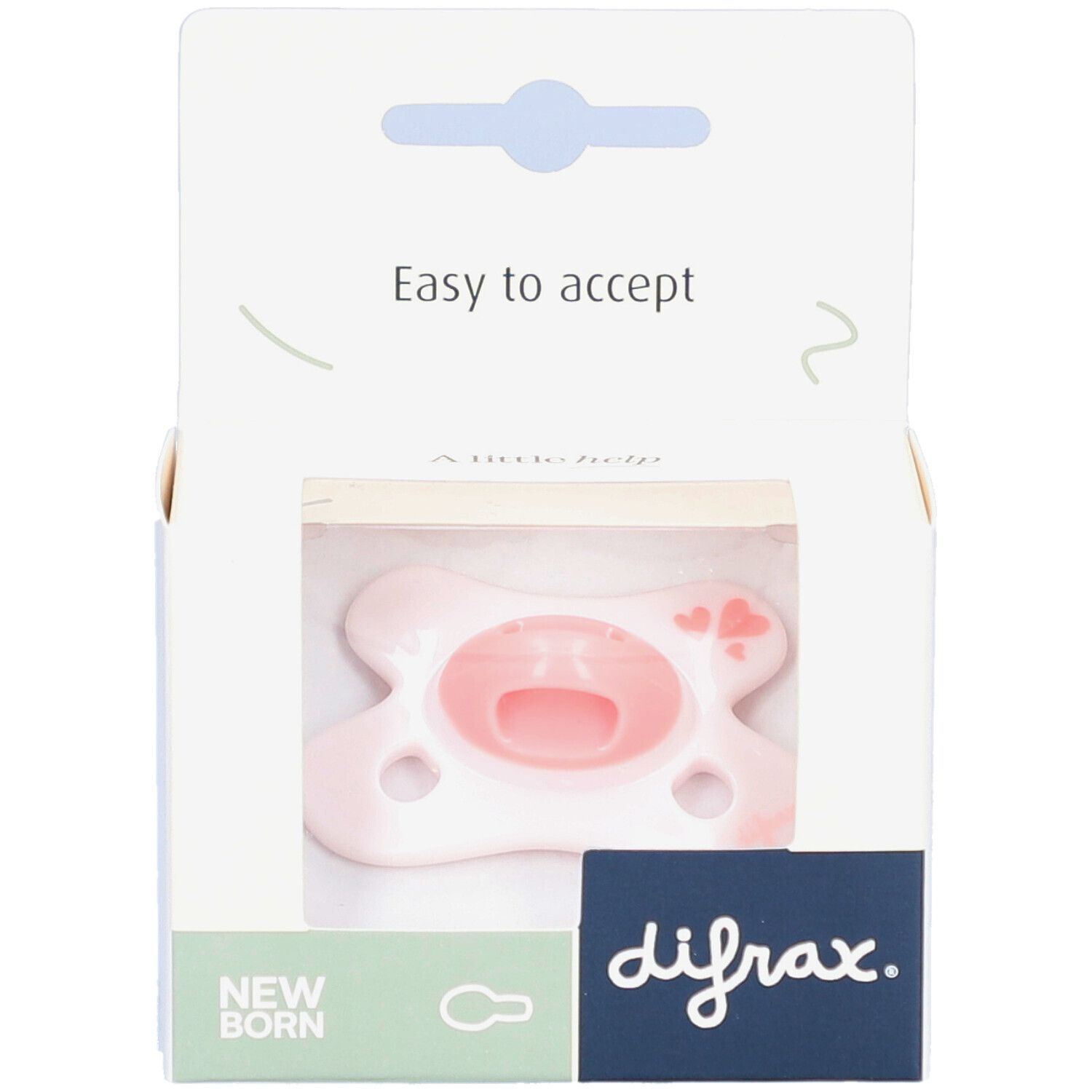 Sucette rose dans emballage. Bouclier blanc avec coeurs. Marque difrax. Inscriptions "New Born" et "Easy to accept".