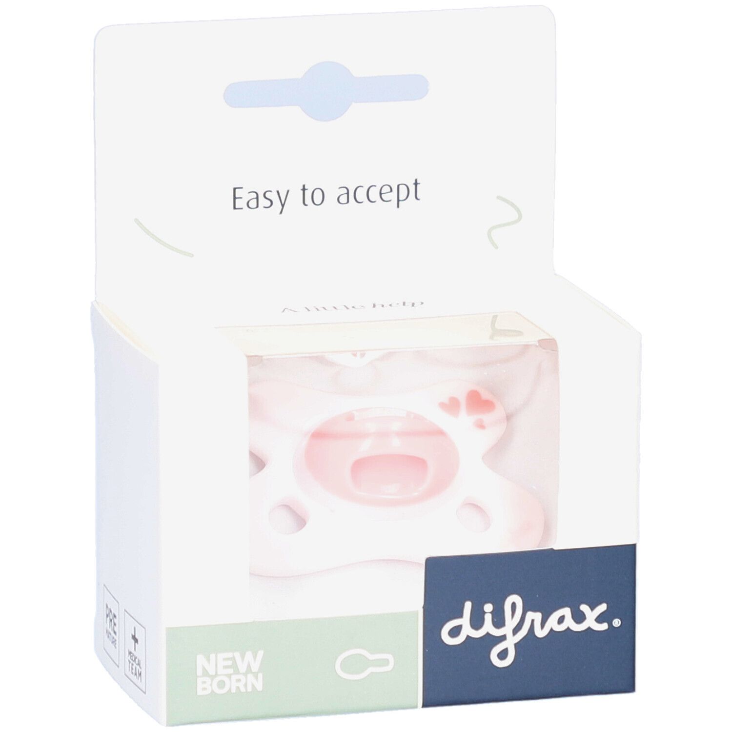 Sucette rose dans emballage. Bouclier blanc avec coeurs. Marque difrax. Inscription "Easy to accept".