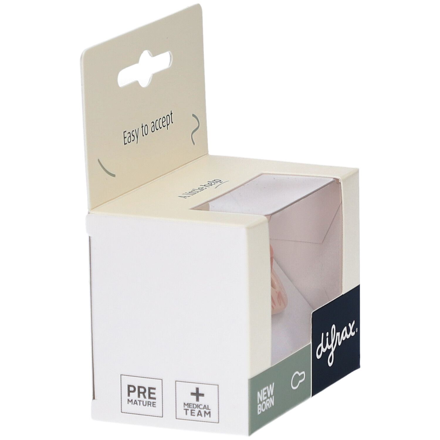 Verpackung mit Schnuller. Marke: difrax. Text: New Born, Pre Mature, Medical Team. Sichtfenster.