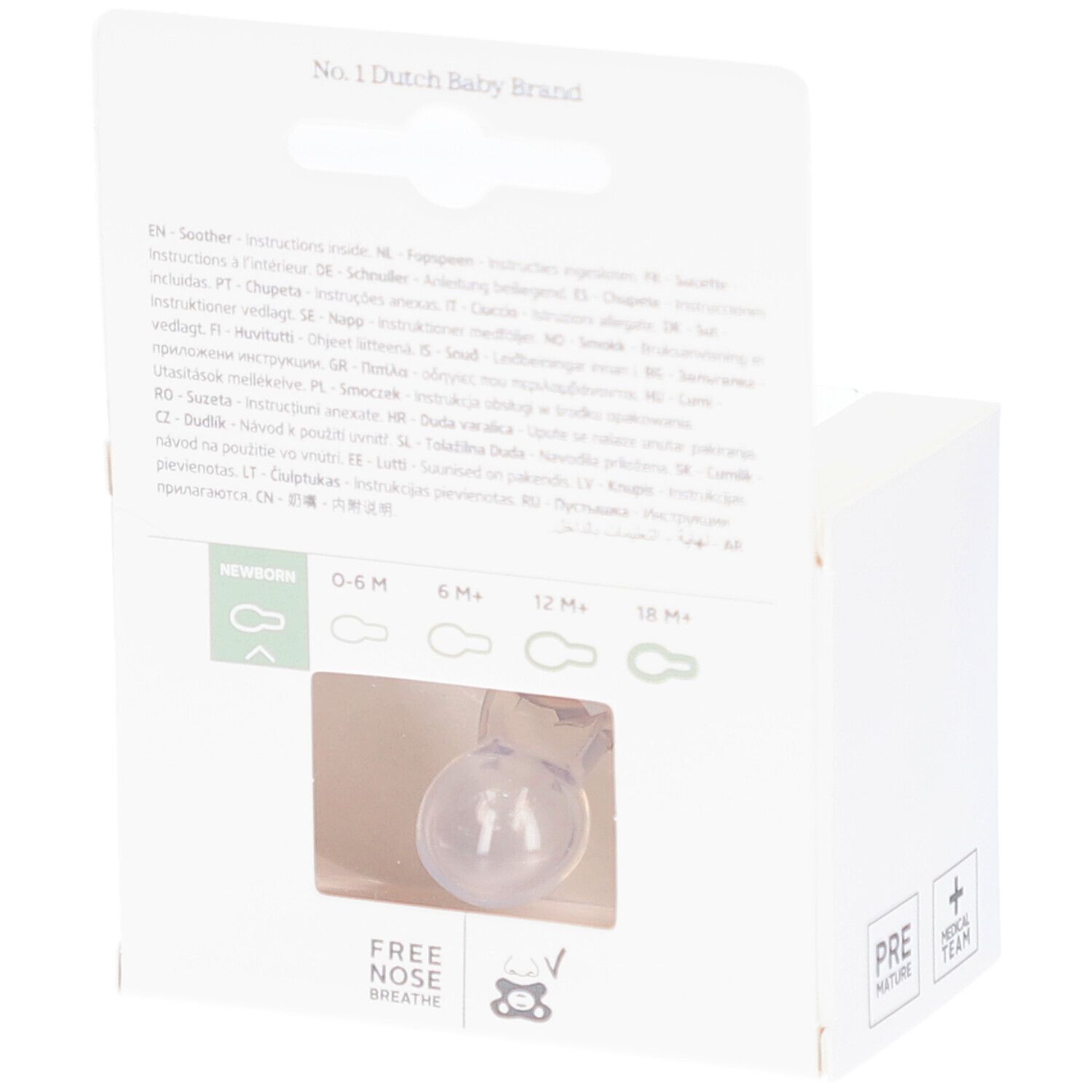 Rückseite der Verpackung. Text: New Born, 0-6M, 6M+, 12M+, 18M+. Marke: Free Nose Breathe.
