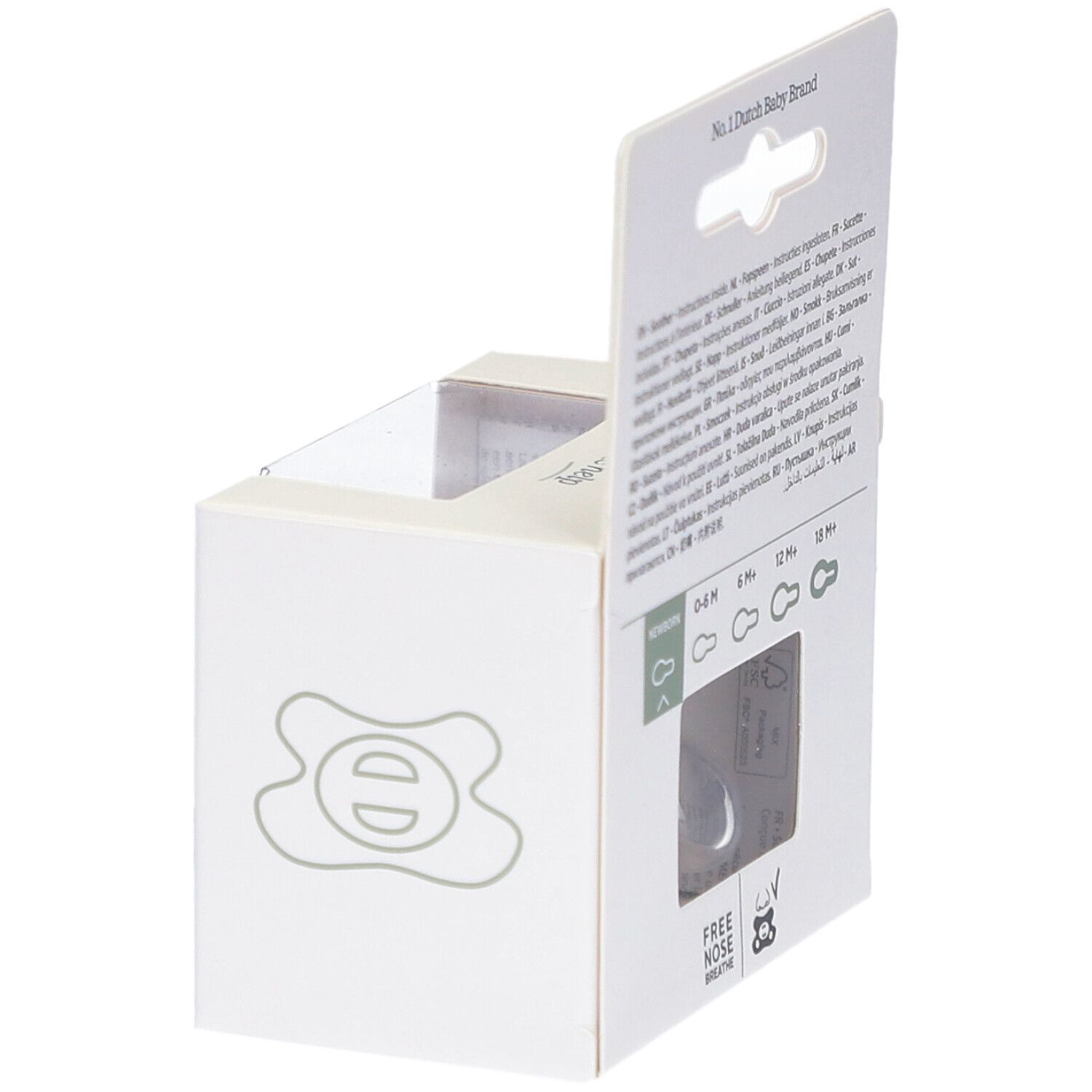 Verpackung. Text: New Born, 0-6M, 6M+, 12M+, 18M+. Marke: Free Nose Breathe.
